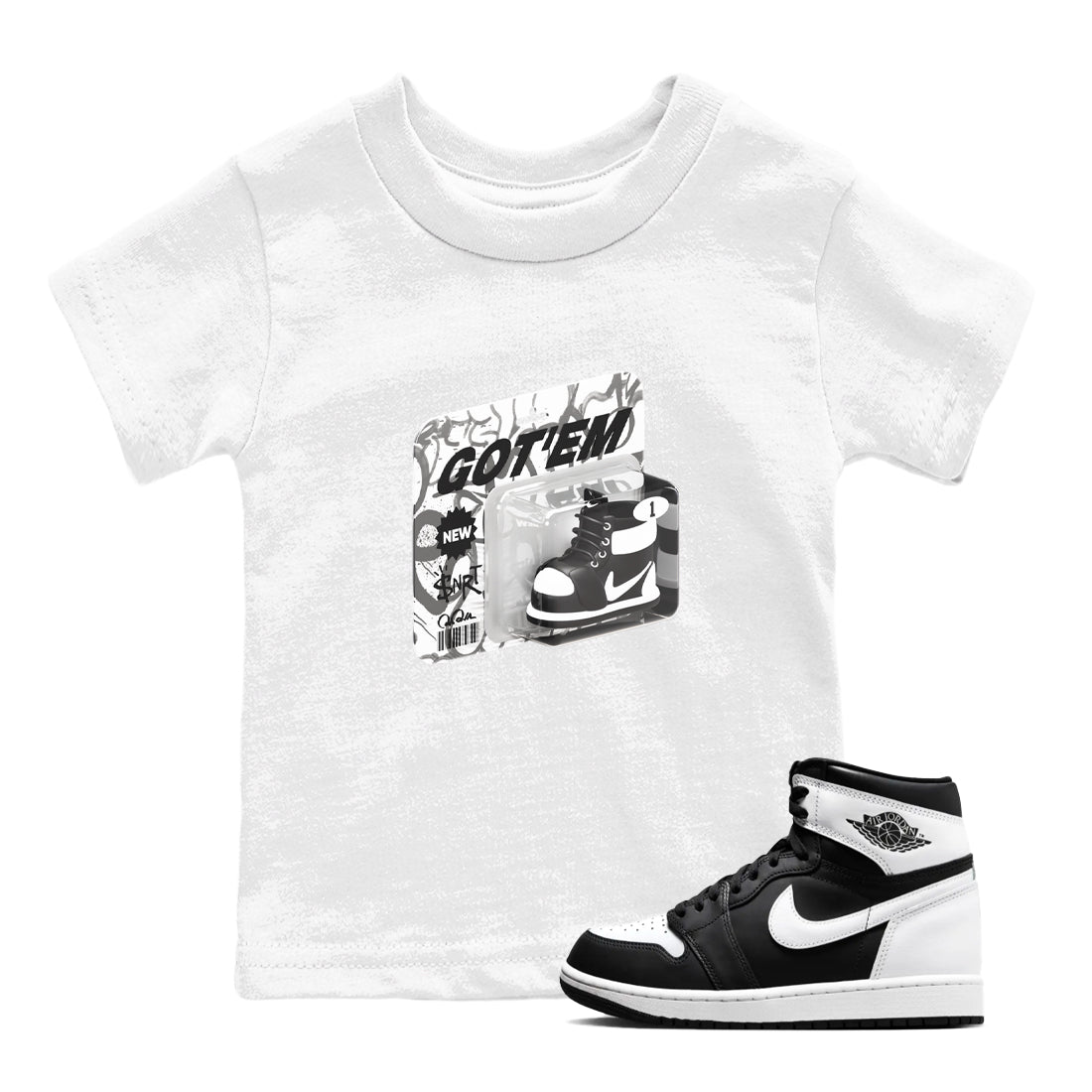 1s Black White shirt to match jordans Vintage Toy Packaging sneaker tees Air Jordan 1 High OG Black White SNRT sneaker release tees baby toddler White 1 cotton Shirt