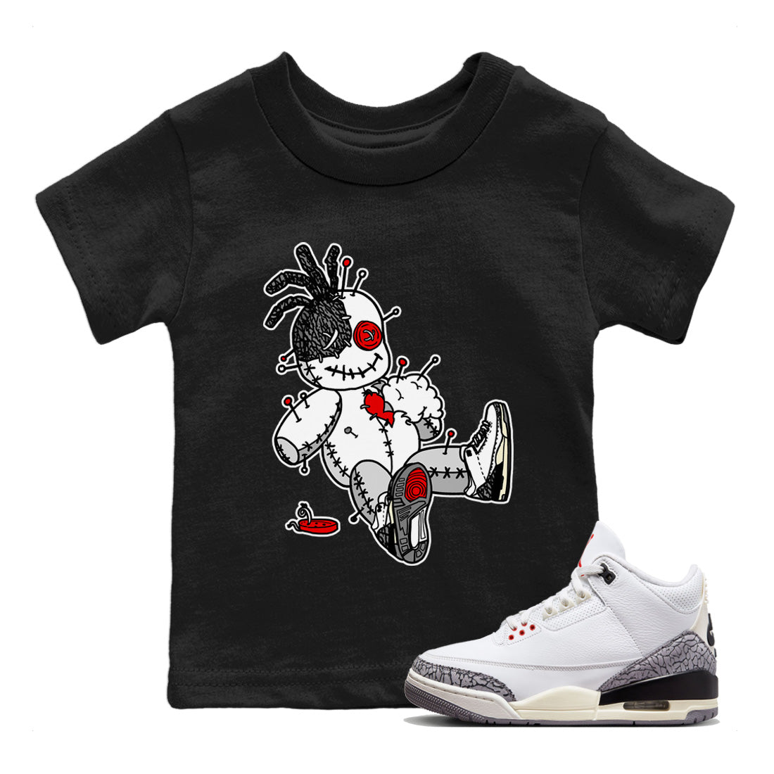Air Jordan 3 White Cement unique Halloween sneaker tee Voodoo Doll Sneaker Tees Air Jordan 3 Retro White Cement Sneaker Release Tees Kids Shirts Black 1