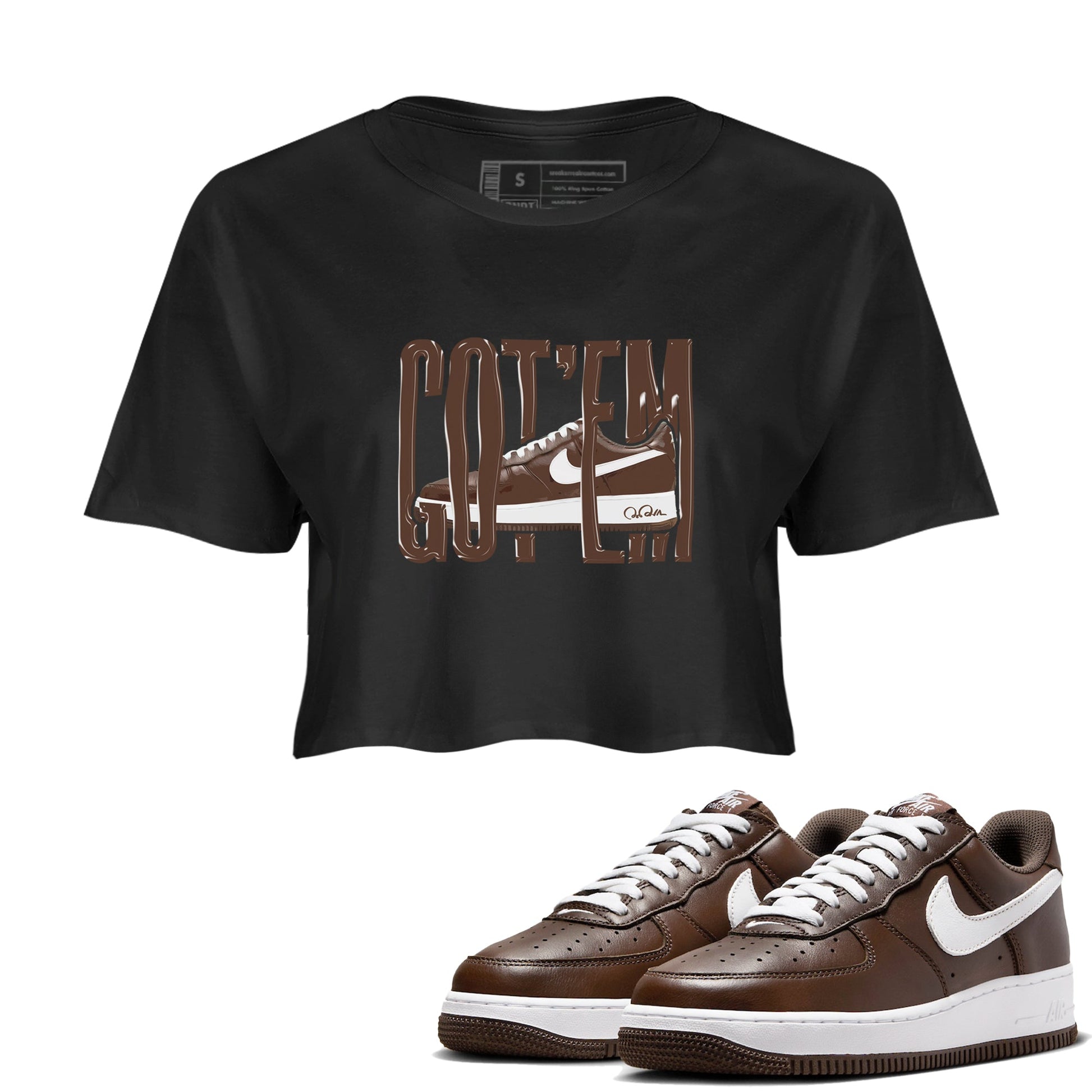 Air Force Low Chocolate shirt to match jordans Wiggling Gotem sneaker tees chocolate Nike Air Force Low Chocolate SNRT Sneaker Release Tees Black 1 Crop T-Shirt