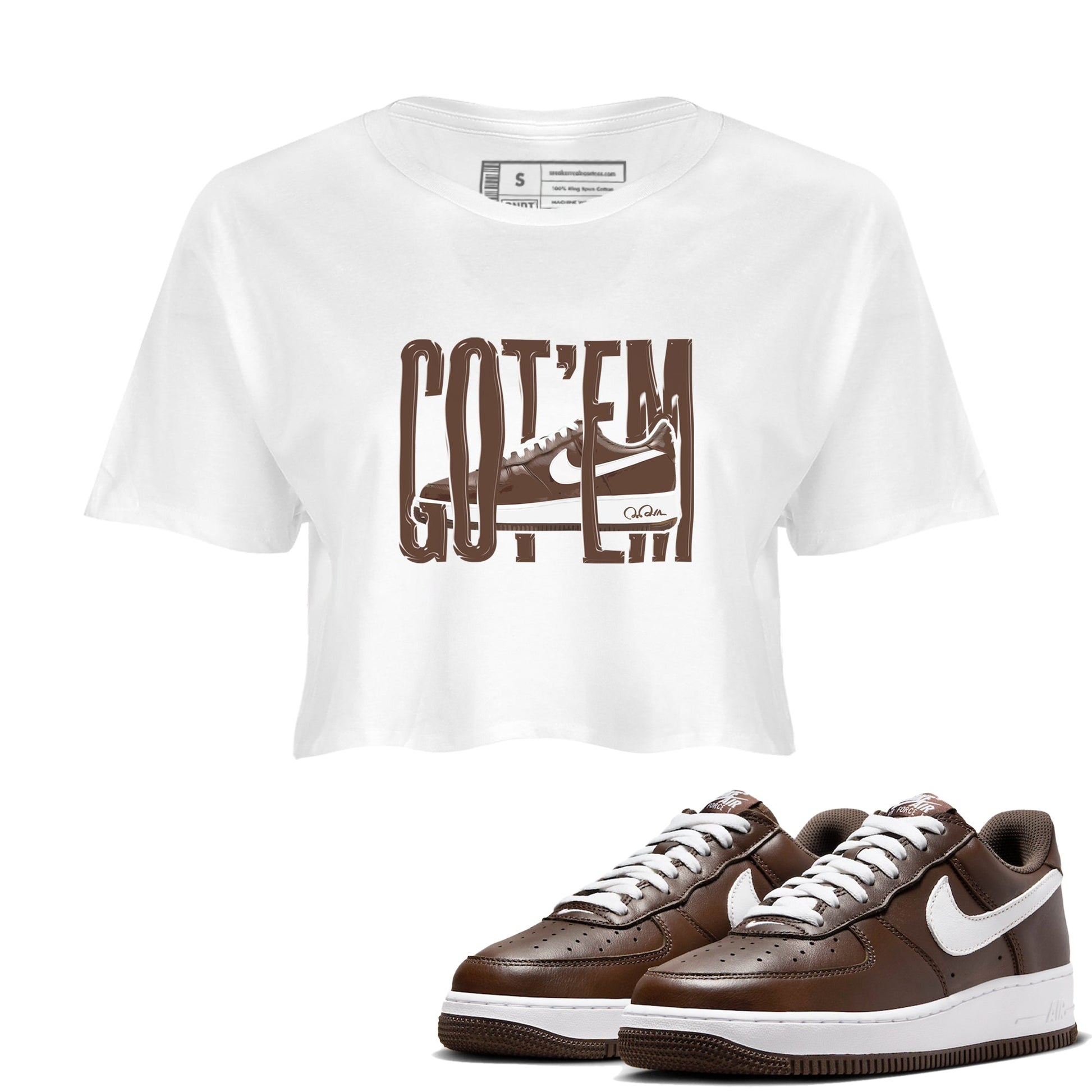 Air Force Low Chocolate shirt to match jordans Wiggling Gotem sneaker tees chocolate Nike Air Force Low Chocolate SNRT Sneaker Release Tees White 1 Crop T-Shirt