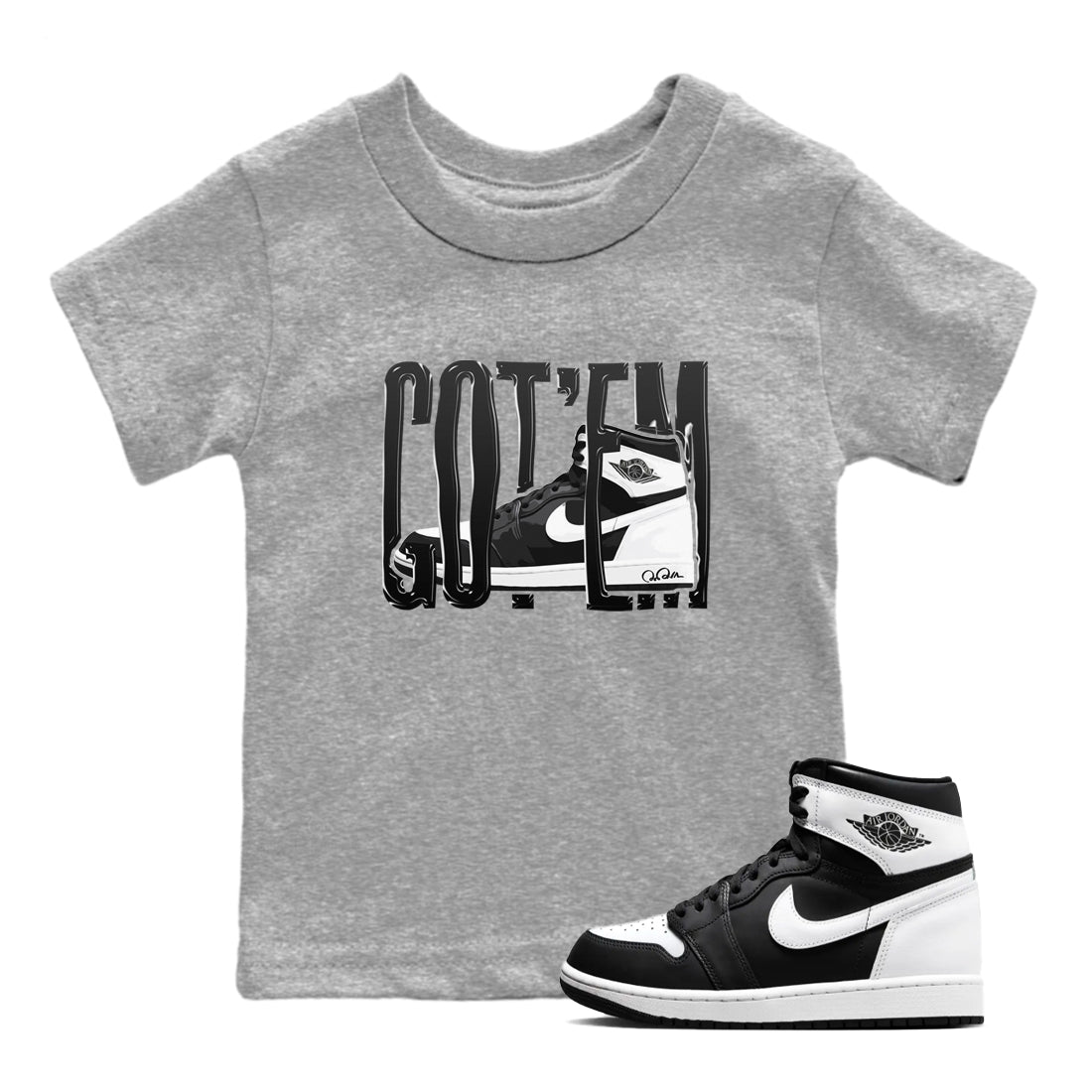 1s Black White shirt to match jordans Wiggling Gotem sneaker tees Air Jordan 1 High OG Black White SNRT sneaker release tees baby toddler Heather Grey 1 cotton Shirt