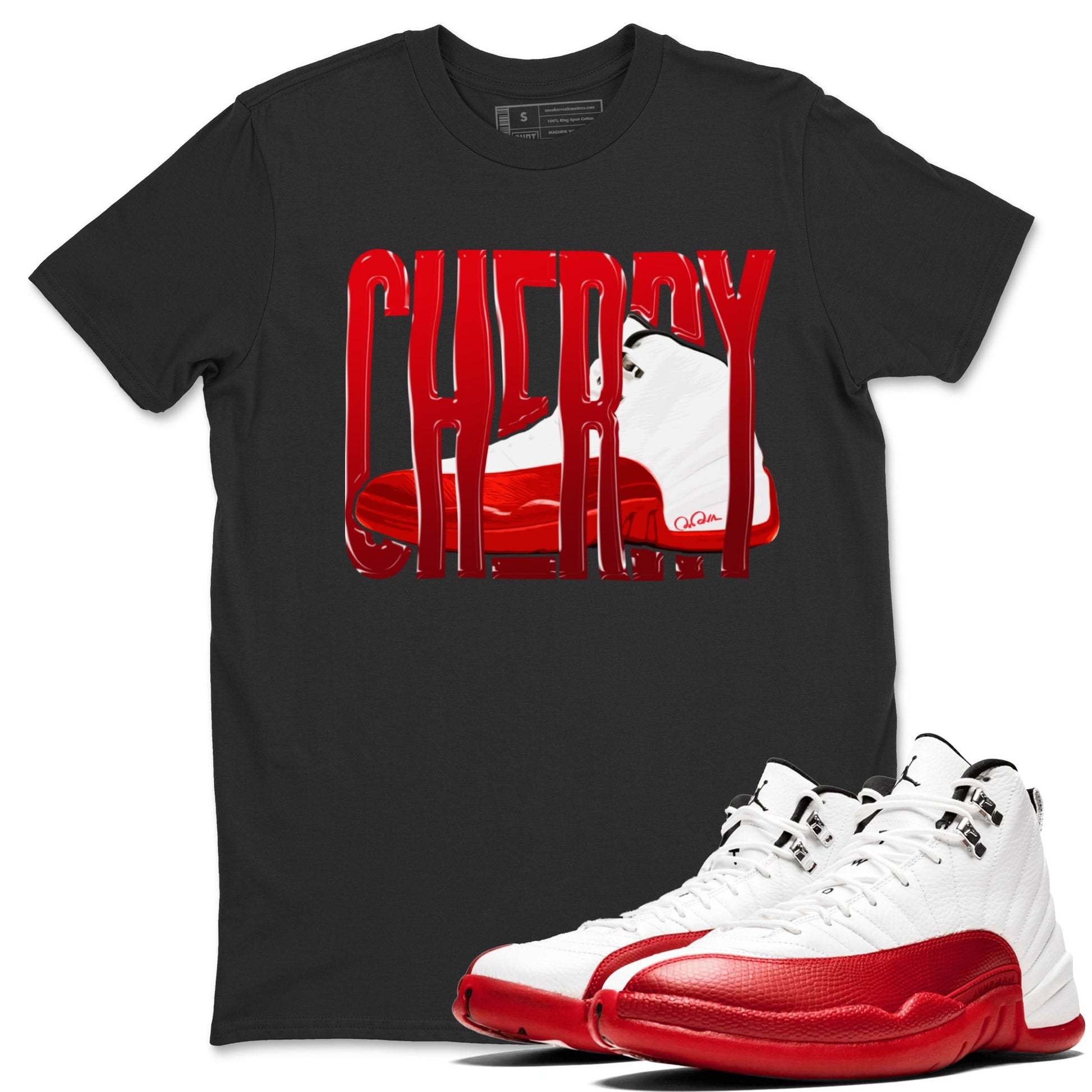 Air Jordan 12 Cherry Sneaker Match Tees Wiggling Gotem Sneaker Tees AJ12 Cherry Sneaker Release Tees Unisex Shirts Black 1