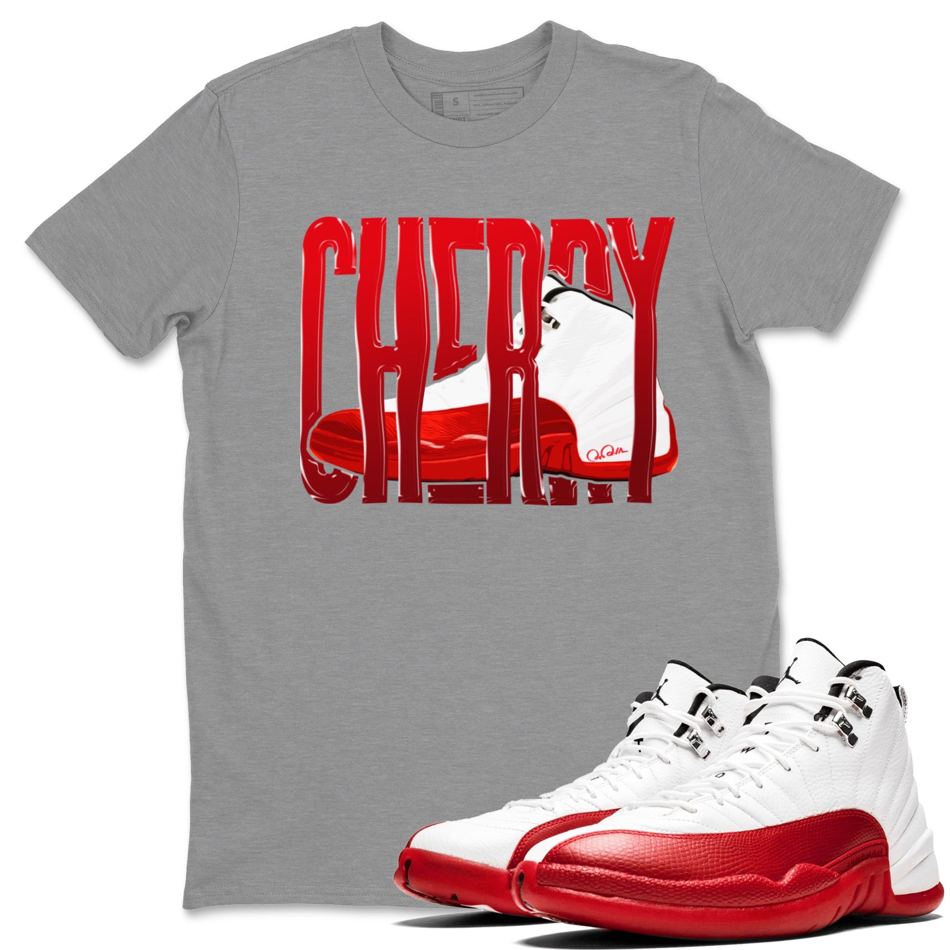 Air Jordan 12 Cherry Sneaker Match Tees Wiggling Gotem Sneaker Tees AJ12 Cherry Sneaker Release Tees Unisex Shirts Heather Grey 1