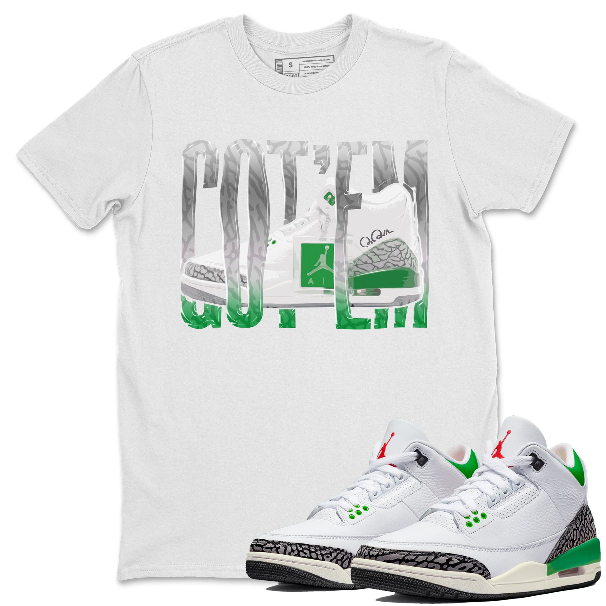 Air Jordan 3 Lucky Green Sneaker Match Tees Wiggling Gotem Sneaker Tees AJ3 Lucky Green Sneaker Release Tees Unisex Shirts White 1
