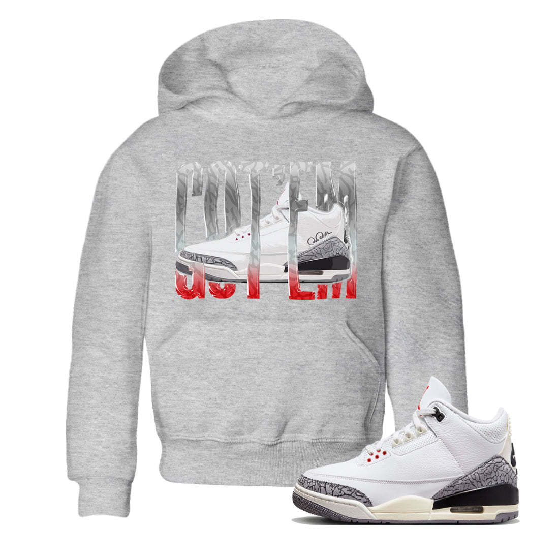 Air Jordan 3 White Cement Sneaker Match Tees Wiggling Gotem Sneaker Tees AJ3 White Cement Sneaker Release Tees Kids Shirts Heather Grey 1