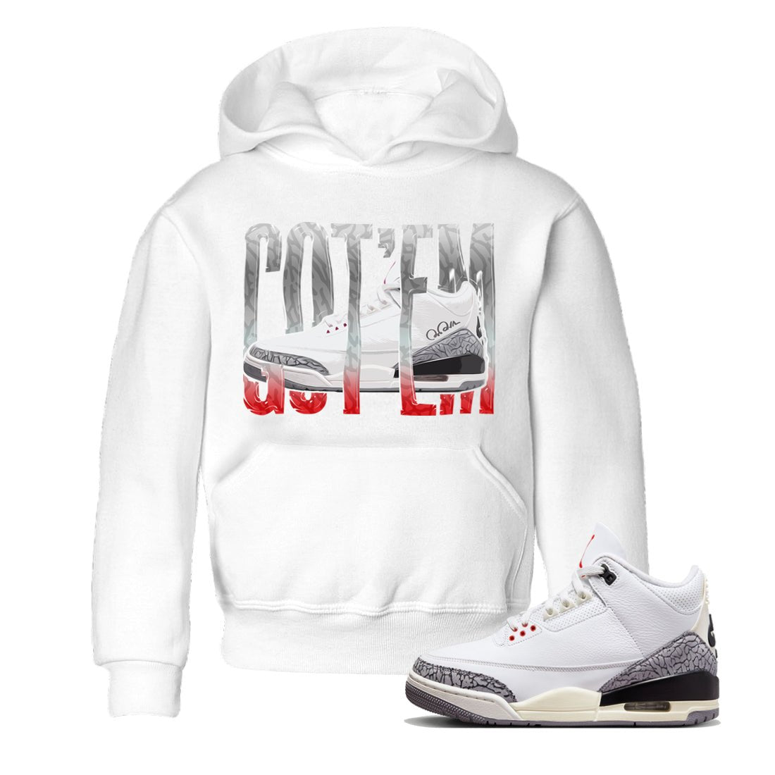 Air Jordan 3 White Cement Sneaker Match Tees Wiggling Gotem Sneaker Tees AJ3 White Cement Sneaker Release Tees Kids Shirts White 1