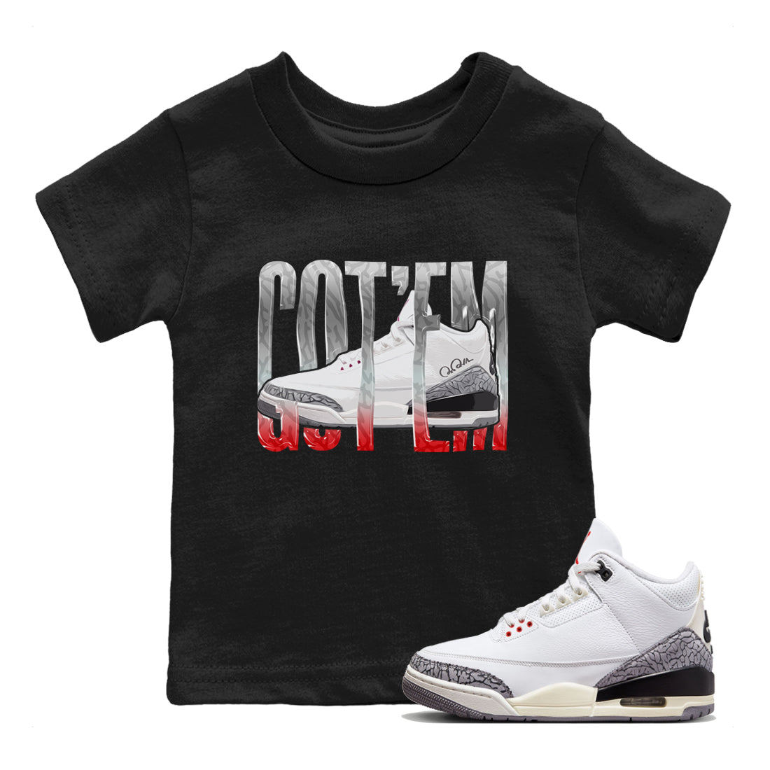 Air Jordan 3 White Cement Sneaker Match Tees Wiggling Gotem Sneaker Tees AJ3 White Cement Sneaker Release Tees Kids Shirts Black 1