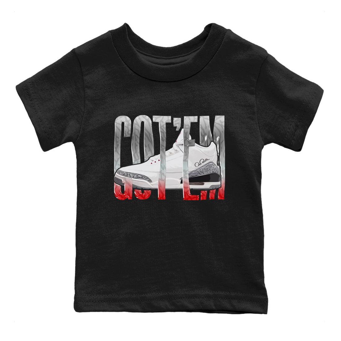 Air Jordan 3 White Cement Sneaker Match Tees Wiggling Gotem Sneaker Tees AJ3 White Cement Sneaker Release Tees Kids Shirts Black 2