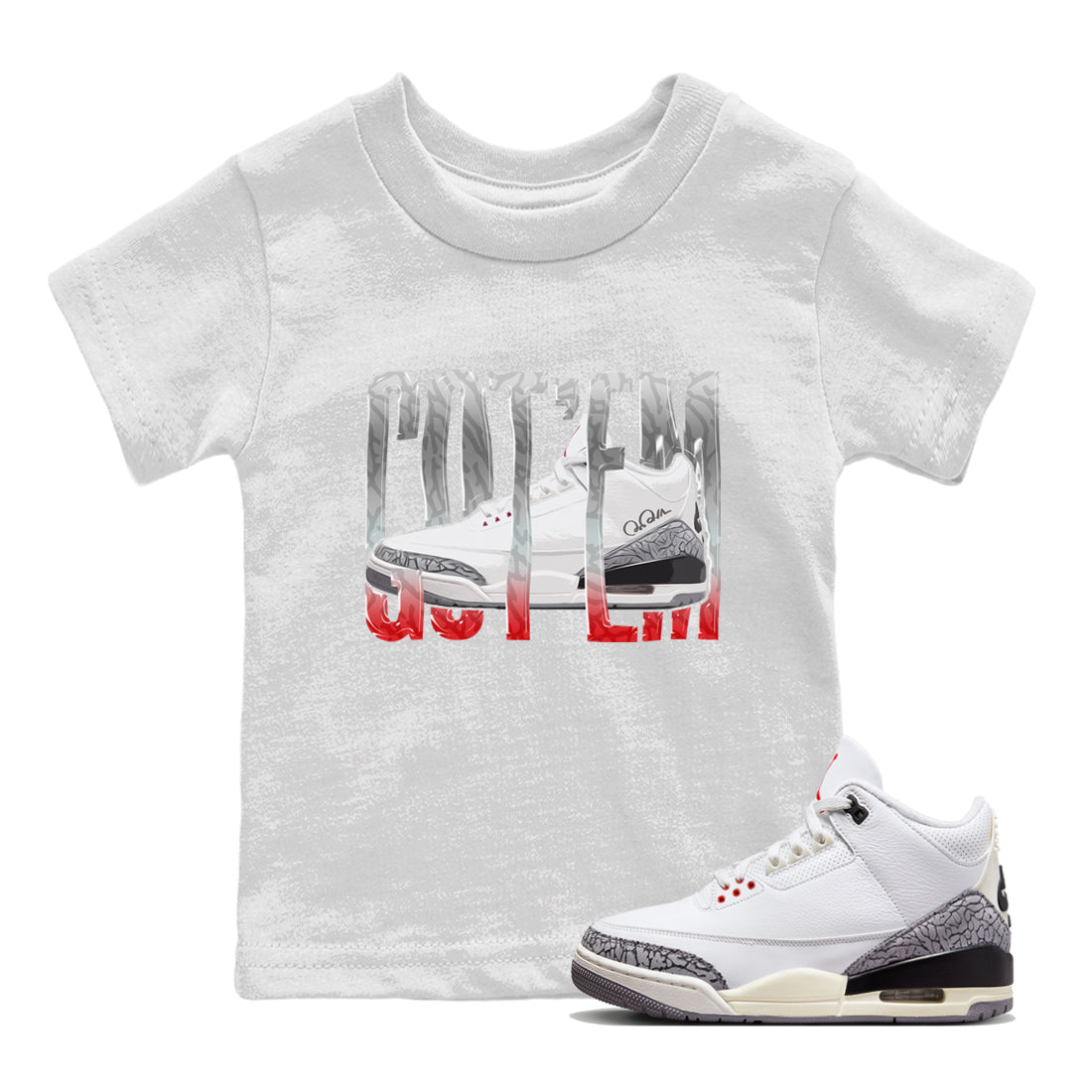 Air Jordan 3 White Cement Sneaker Match Tees Wiggling Gotem Sneaker Tees AJ3 White Cement Sneaker Release Tees Kids Shirts White 1