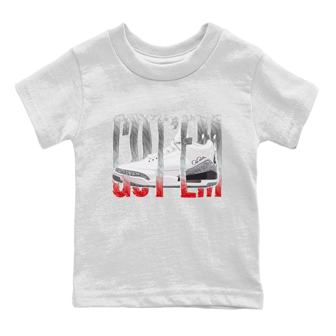 Air Jordan 3 White Cement Sneaker Match Tees Wiggling Gotem Sneaker Tees AJ3 White Cement Sneaker Release Tees Kids Shirts White 2