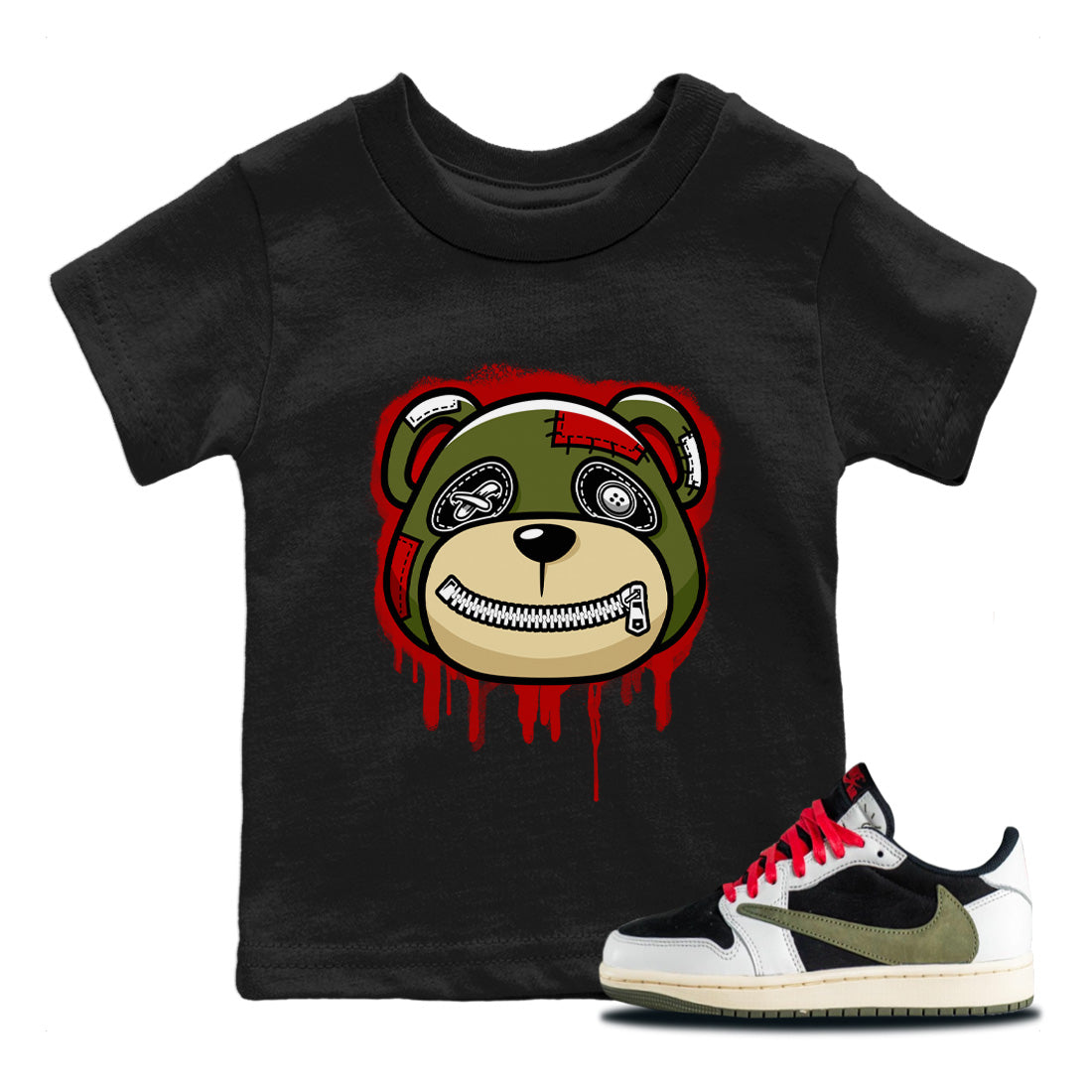 Jordan 1 Travis Scott Olive Sneaker Match Tees Bear Face Sneaker Tees Jordan 1 Travis Scott Olive Sneaker Release Tees Kids Shirts