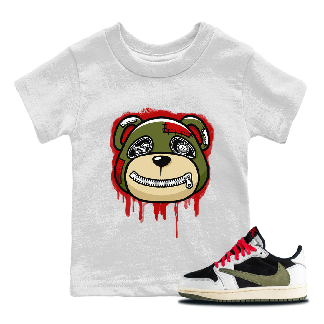 Jordan 1 Travis Scott Olive Sneaker Match Tees Bear Face Sneaker Tees Jordan 1 Travis Scott Olive Sneaker Release Tees Kids Shirts