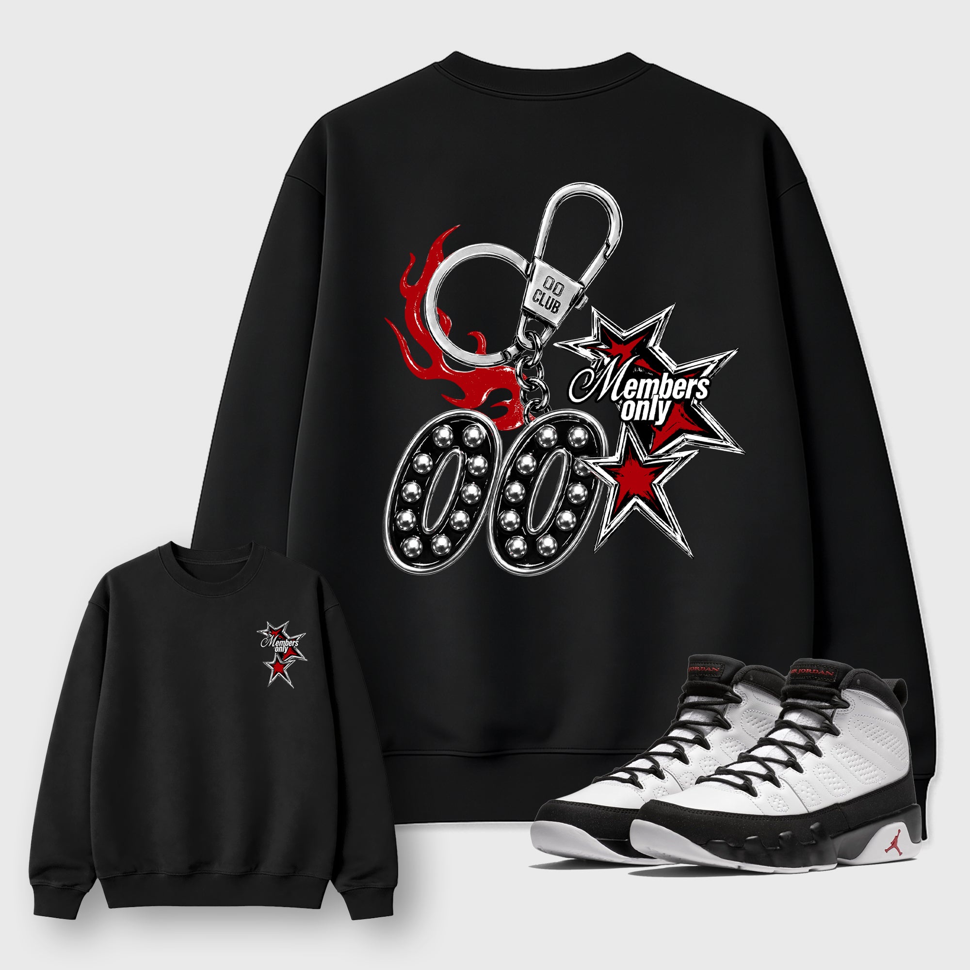 00 Club Members Only Black Graphic Sweatshirt - 1, a sneaker matching sweatshirt designed to coordinate with Air Jordan 9 Retro Space Jam sneakers for a complete sneaker outfit.