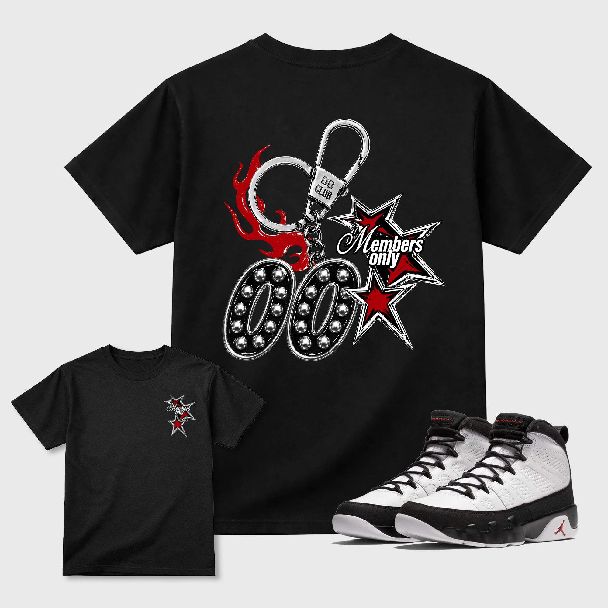 00 Club Members Only Black Graphic T-Shirt - 1, sneaker matching tee designed to match Air Jordan 9 Retro Space Jam sneakers for a coordinated sneaker outfit.