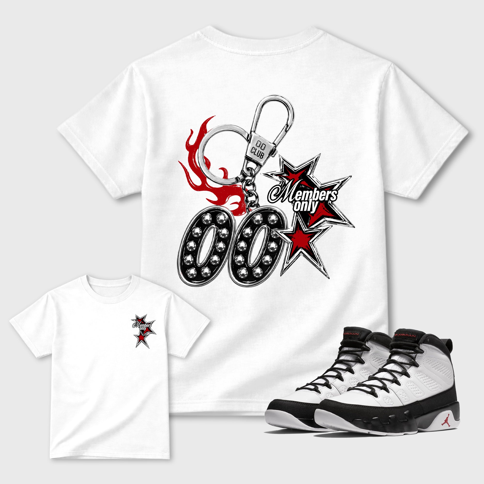 00 Club Members Only White Graphic T-Shirt - 1, sneaker matching tee designed to match Air Jordan 9 Retro Space Jam sneakers for a coordinated sneaker outfit.
