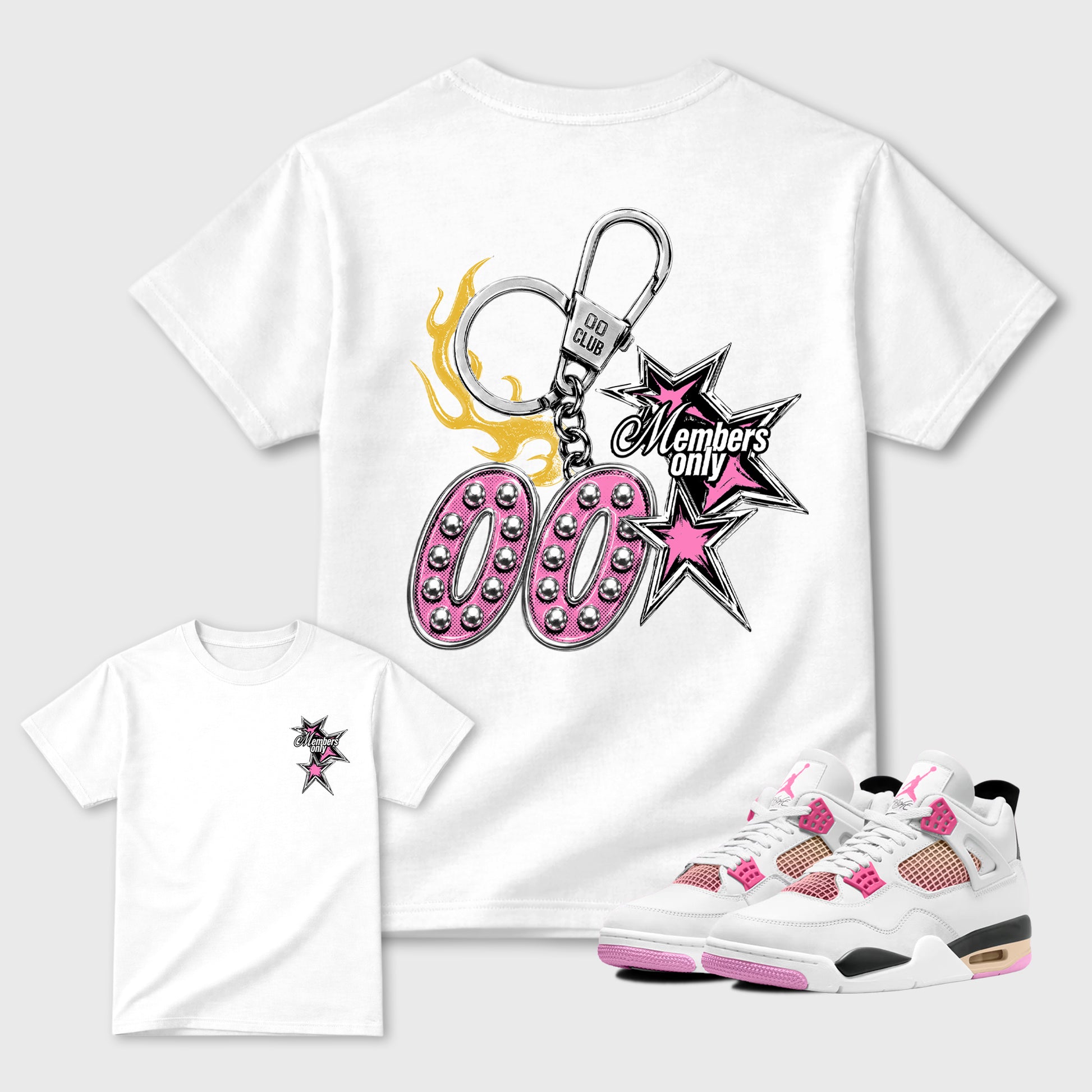 00 Members Only Graphic T-Shirt front and back tee designed for the Air Jordan 4 Comic sneakers, featuring coordinated color options for a perfect streetwear match. White shirt.