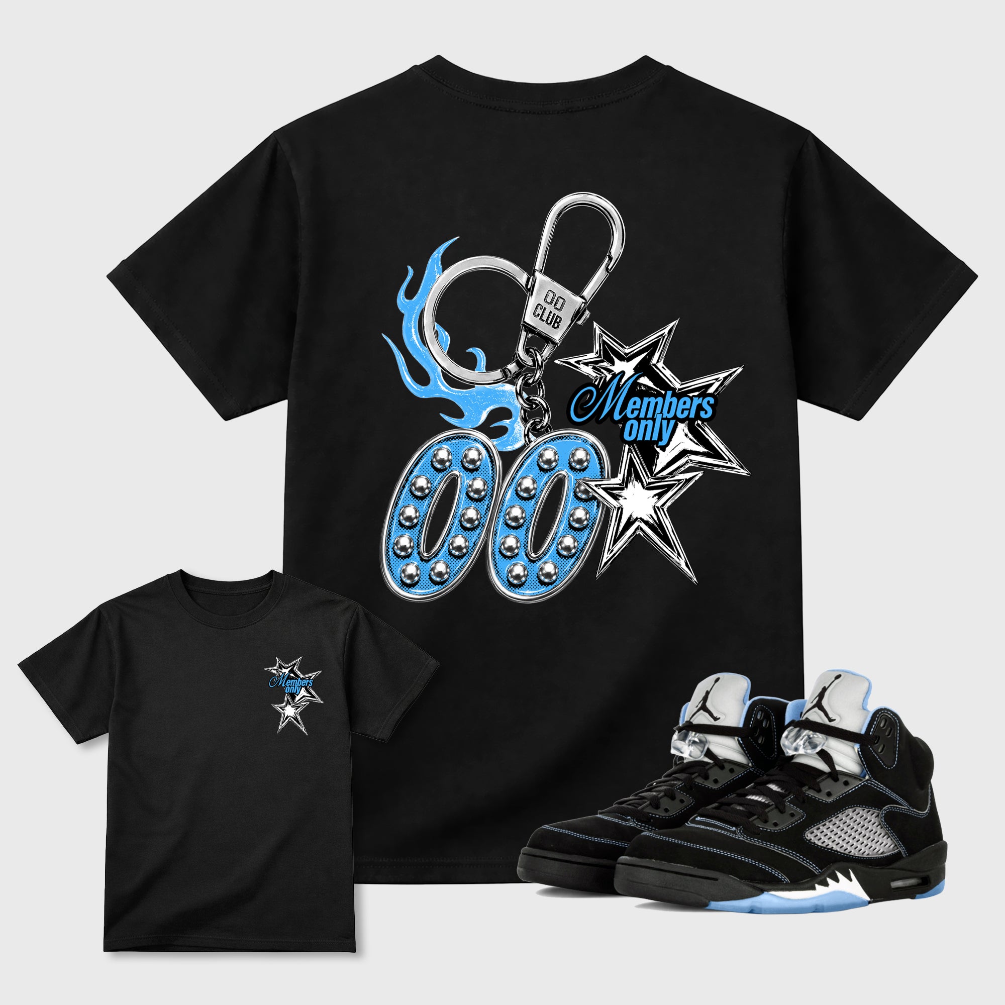 00 Members Only Graphic T-Shirt front and back tee designed for the 5s Black Carolina, featuring coordinated color options for a perfect streetwear match. Black shirt.