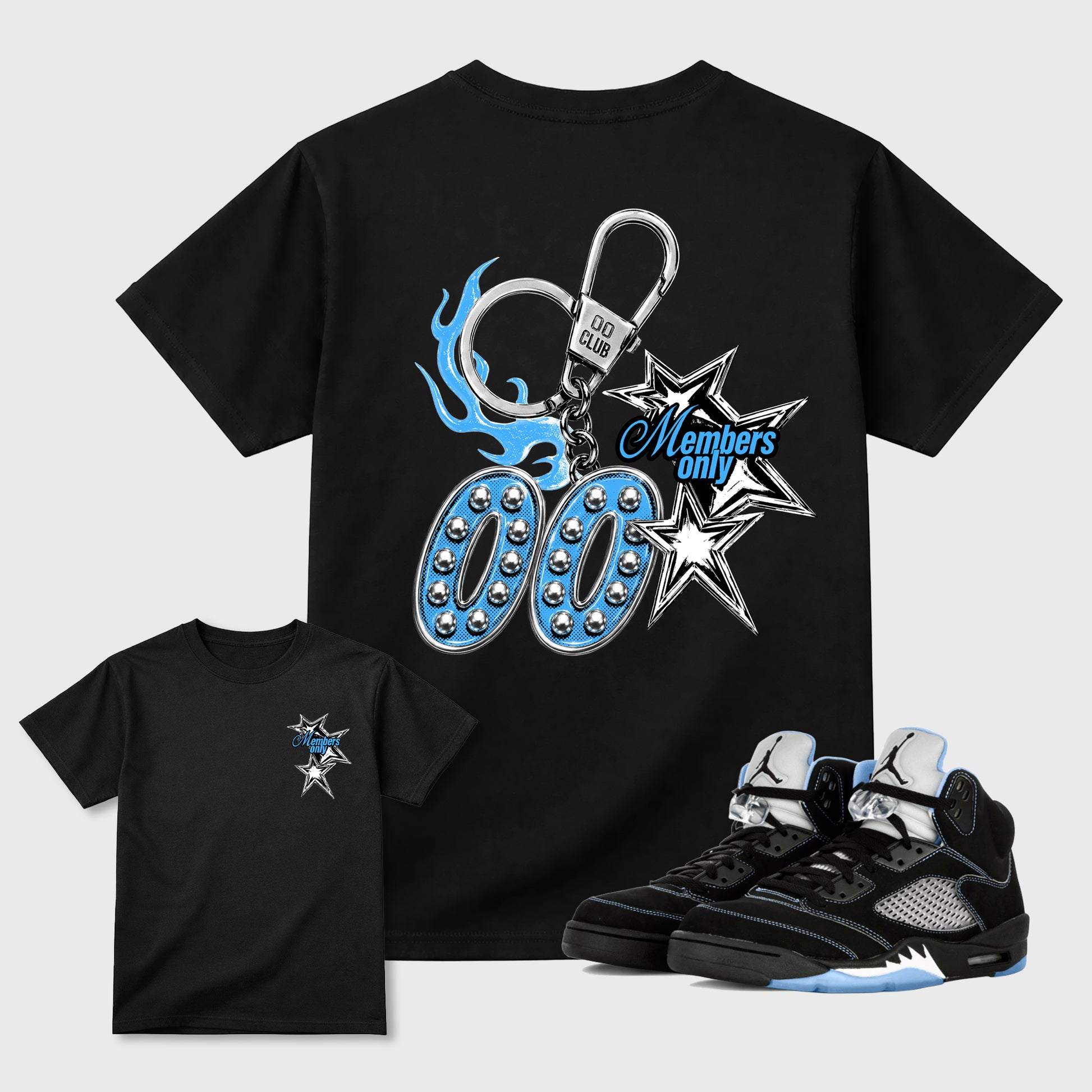 00 Members Only Graphic T-Shirt front and back tee designed for the 5s Black Carolina, featuring coordinated color options for a perfect streetwear match. Black shirt.