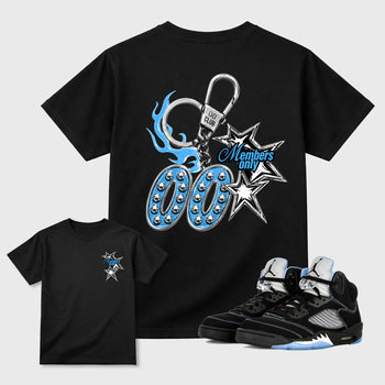 00 Members Only Graphic T-Shirt front and back tee designed for the 5s Black Carolina, featuring coordinated color options for a perfect streetwear match. Black shirt.
