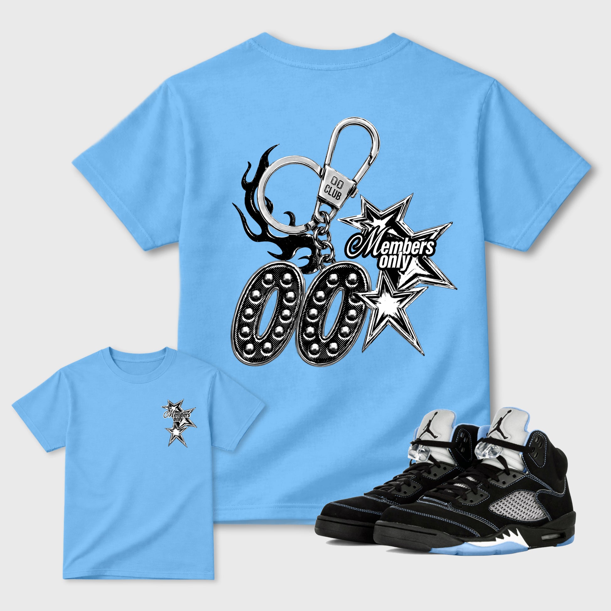 00 Members Only Graphic T-Shirt front and back tee designed for the Air Jordan 5 Black University Blue sneakers, featuring coordinated color options for a perfect streetwear match. Carolina Blue shirt.