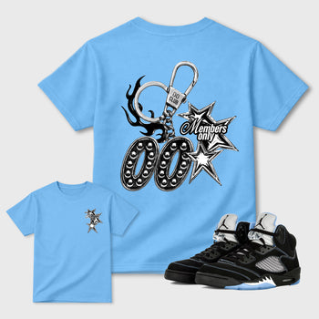 00 Members Only Graphic T-Shirt front and back tee designed for the Air Jordan 5 Black University Blue sneakers, featuring coordinated color options for a perfect streetwear match. Carolina Blue shirt.