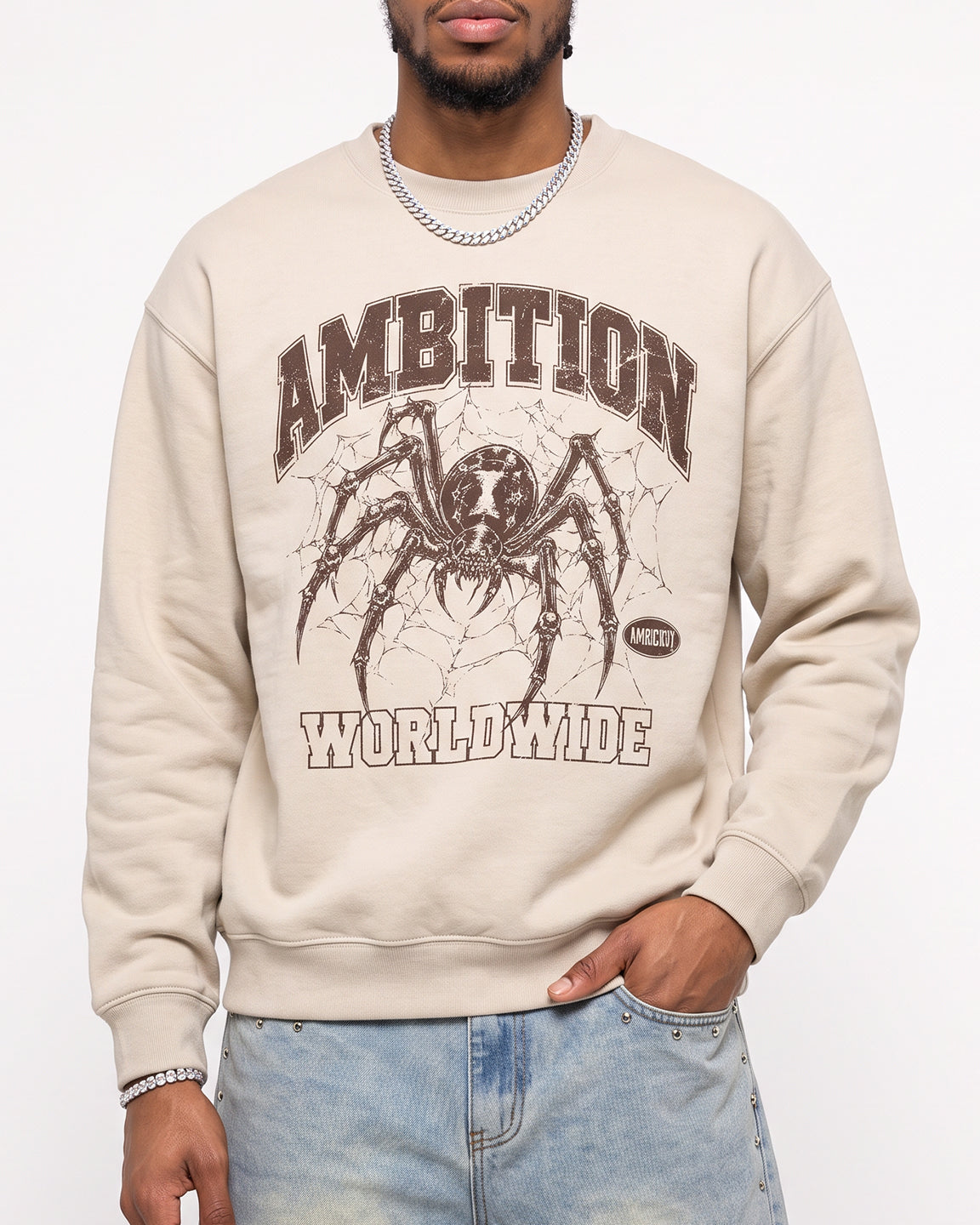 A man wearing a beige crewneck sweatshirt with a brown spider graphic and the words 'AMBITION WORLDWIDE' printed on the front, paired with light blue jeans.