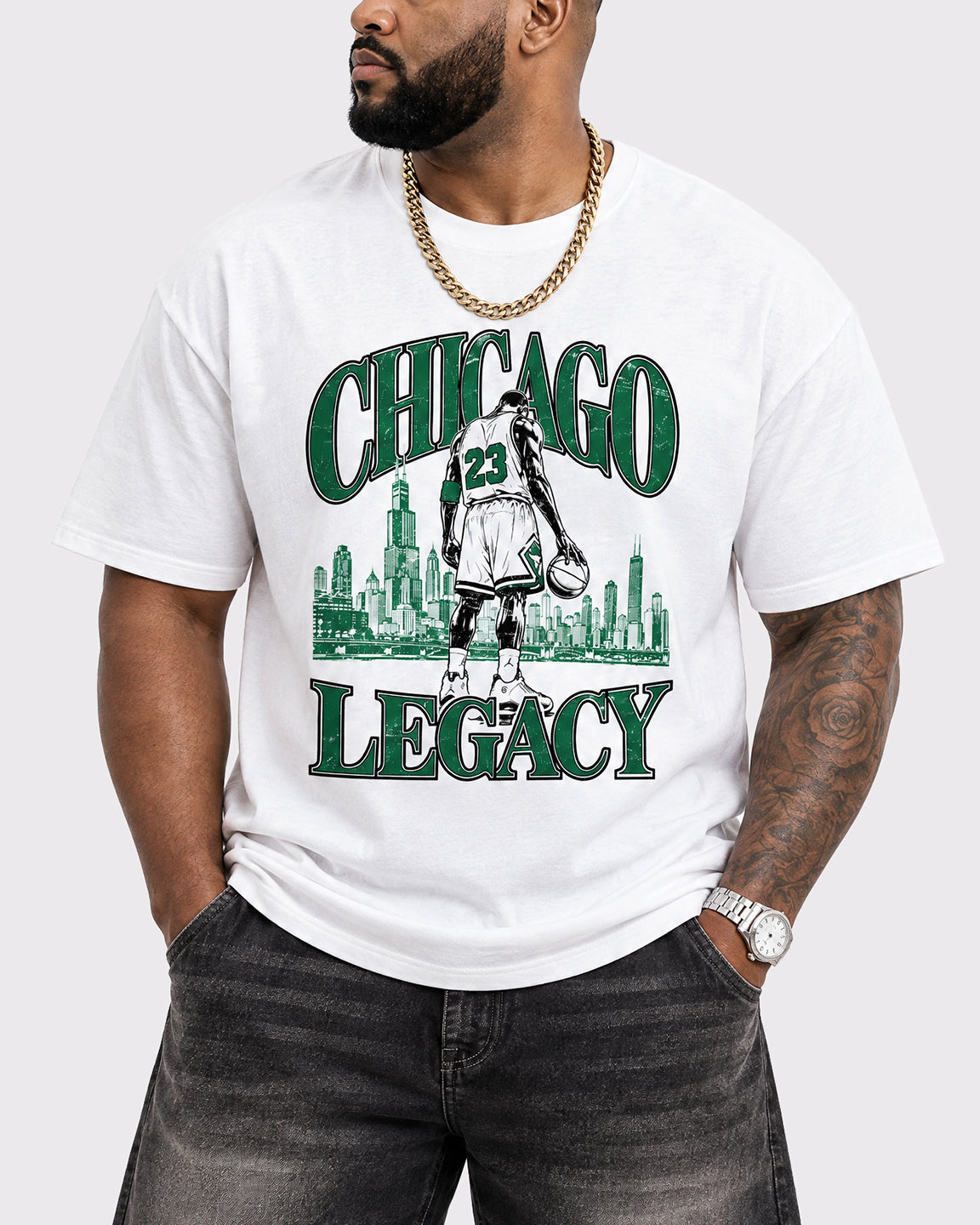 A man wearing a white graphic t-shirt with a green and black Chicago basketball-themed print that reads 'CHICAGO LEGACY'.