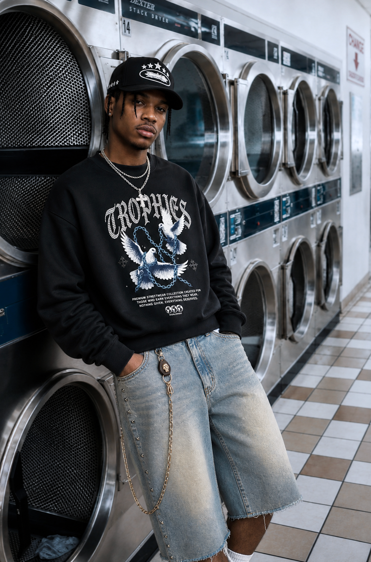 A man wearing a black crewneck sweatshirt with a white 'TROPHICS' graphic, light-wash denim shorts, and a black cap, leaning against a row of industrial washing machines in a laundrette.