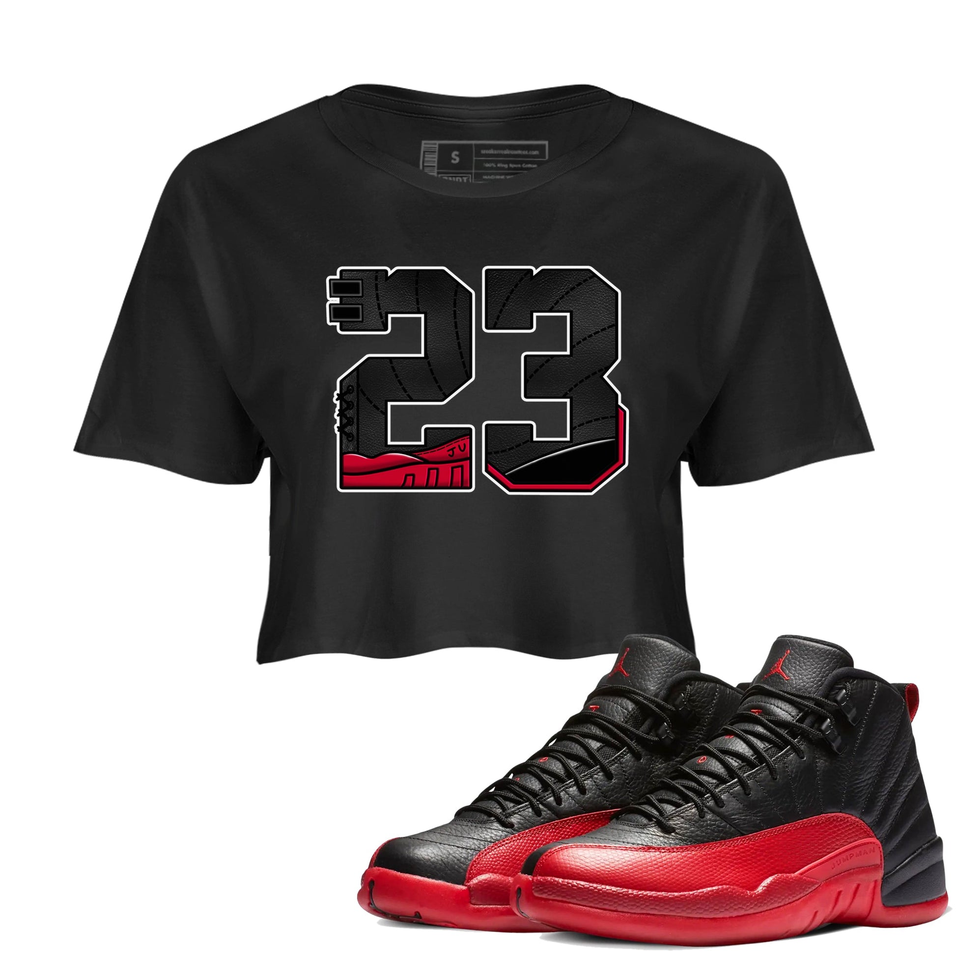 12s Flu Game shirts to match jordans 23 best t shirts to wear with jordans Air Jordan 12 Retro Flu Black and Varsity Red match shoes to clothes SNRT Sneaker Tees unisex cotton Black 1 crop tee