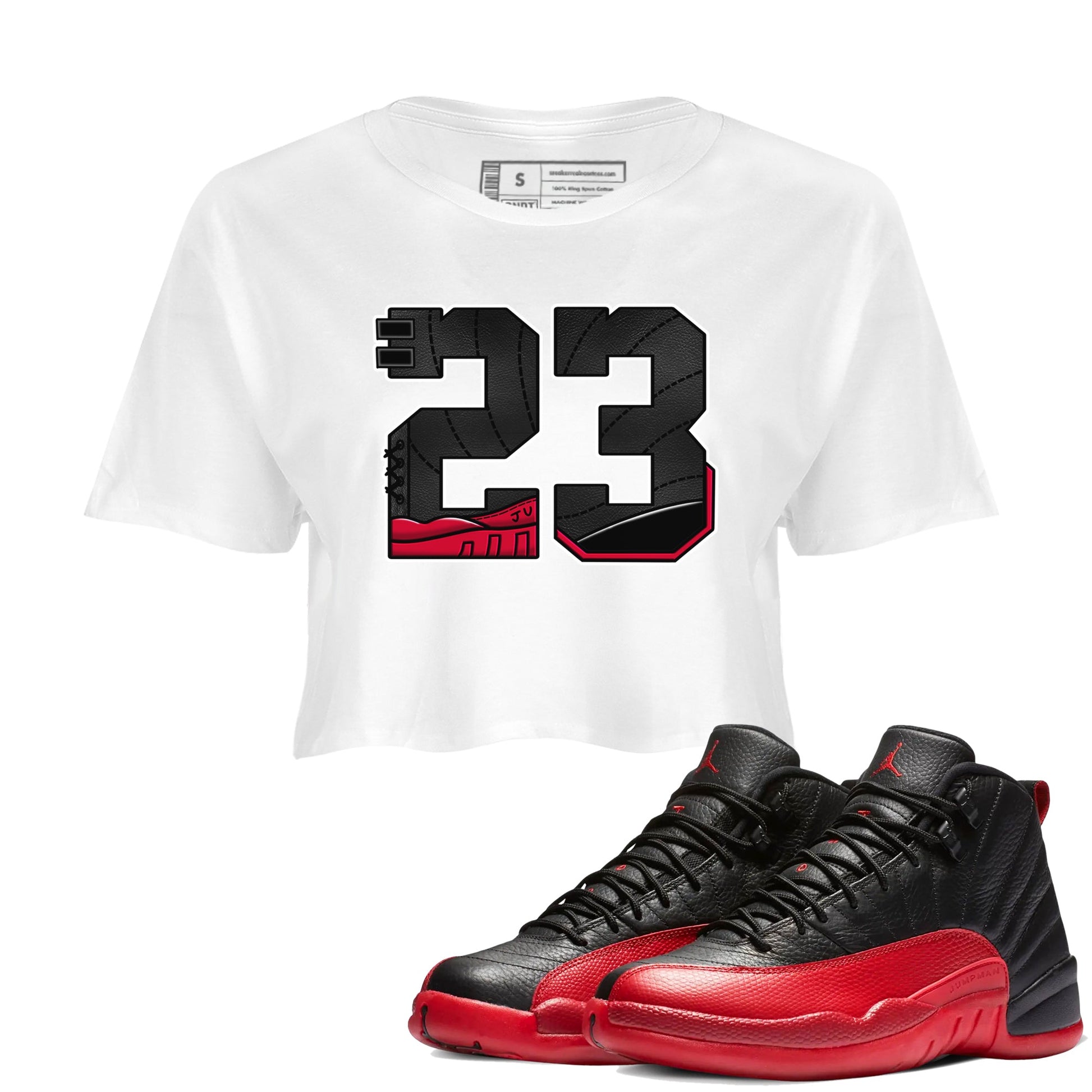 12s Flu Game shirts to match jordans 23 best t shirts to wear with jordans Air Jordan 12 Retro Flu Black and Varsity Red match shoes to clothes SNRT Sneaker Tees unisex cotton White 1 crop tee