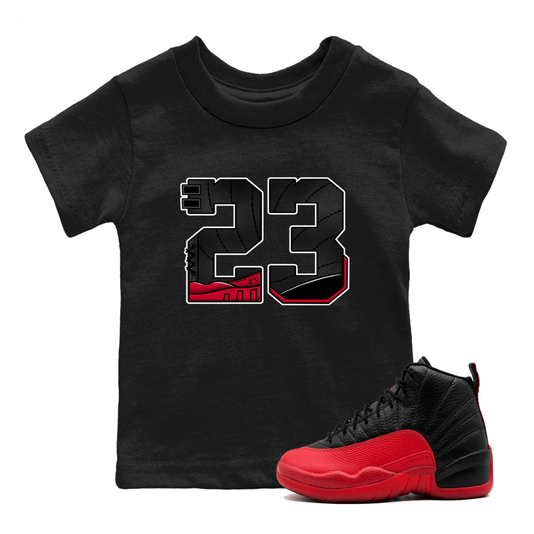 12s Flu Game shirts to match jordans 23 best t shirts to wear with jordans Air Jordan 12 Retro Flu Black and Varsity Red match shoes to clothes SNRT Sneaker Tees Youth Baby Black 1 tee