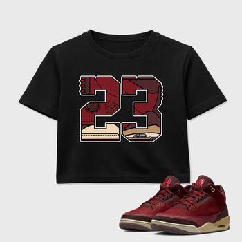 23 women’s crop tee designed to match the Air Jordan 3 Bin 23, featuring coordinated Black 1 options for a perfect streetwear vibe.
