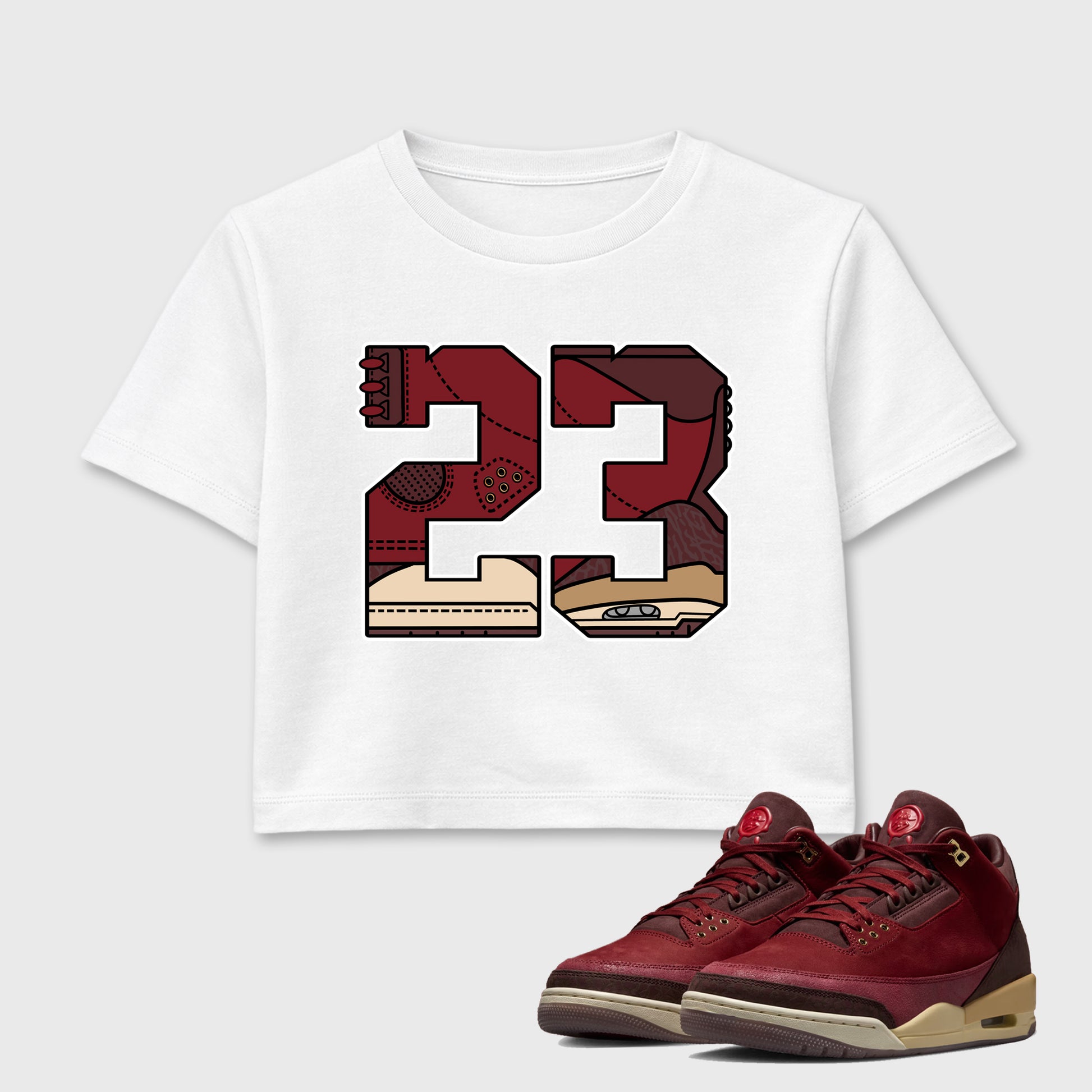 23 women’s crop tee designed to match the Air Jordan 3 Bin 23, featuring coordinated White 1 options for a perfect streetwear vibe.