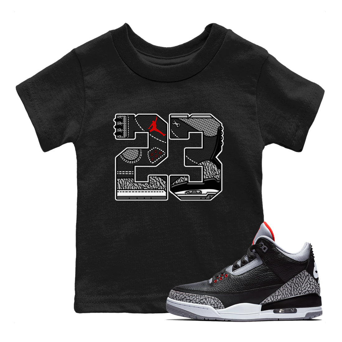 3s Black Cement shirts to match jordans 23 sneaker match tees Air Jordan 3 Retro OG Black Cement match shoes to clothes SNRT Sneaker Tees Youth Baby Black 1 tee