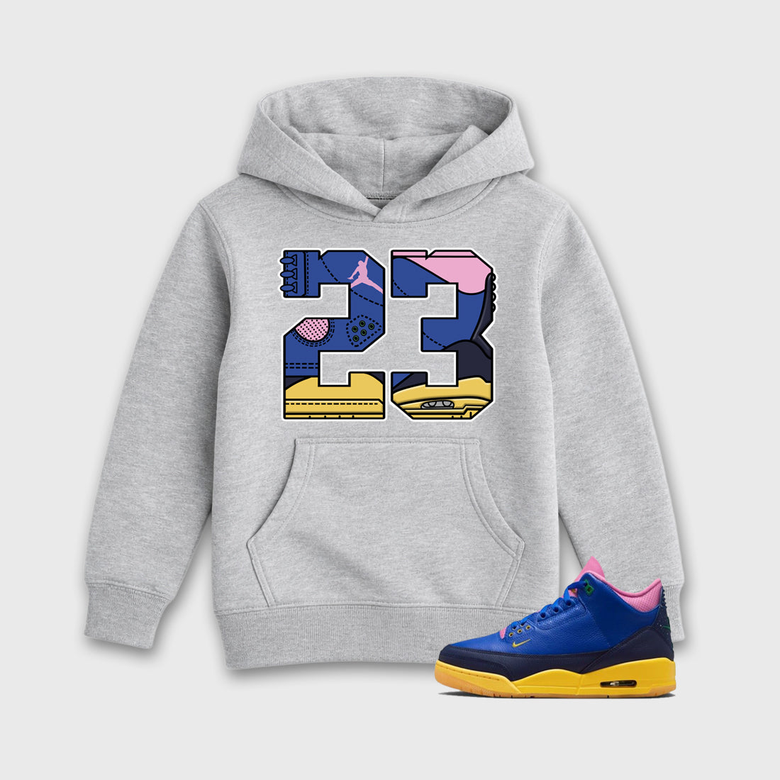 23 affordable baby and kids t-shirt designed to match the Air Jordan 3 Brazil, featuring coordinated Heather Grey 1 options for the perfect little sneakerhead streetwear look.