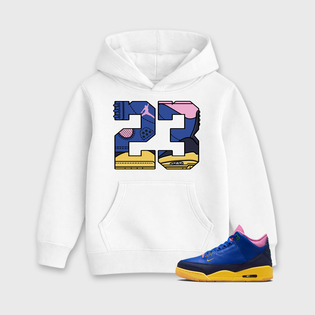 23 affordable baby and kids t-shirt designed to match the Air Jordan 3 Brazil, featuring coordinated White 1 options for the perfect little sneakerhead streetwear look.