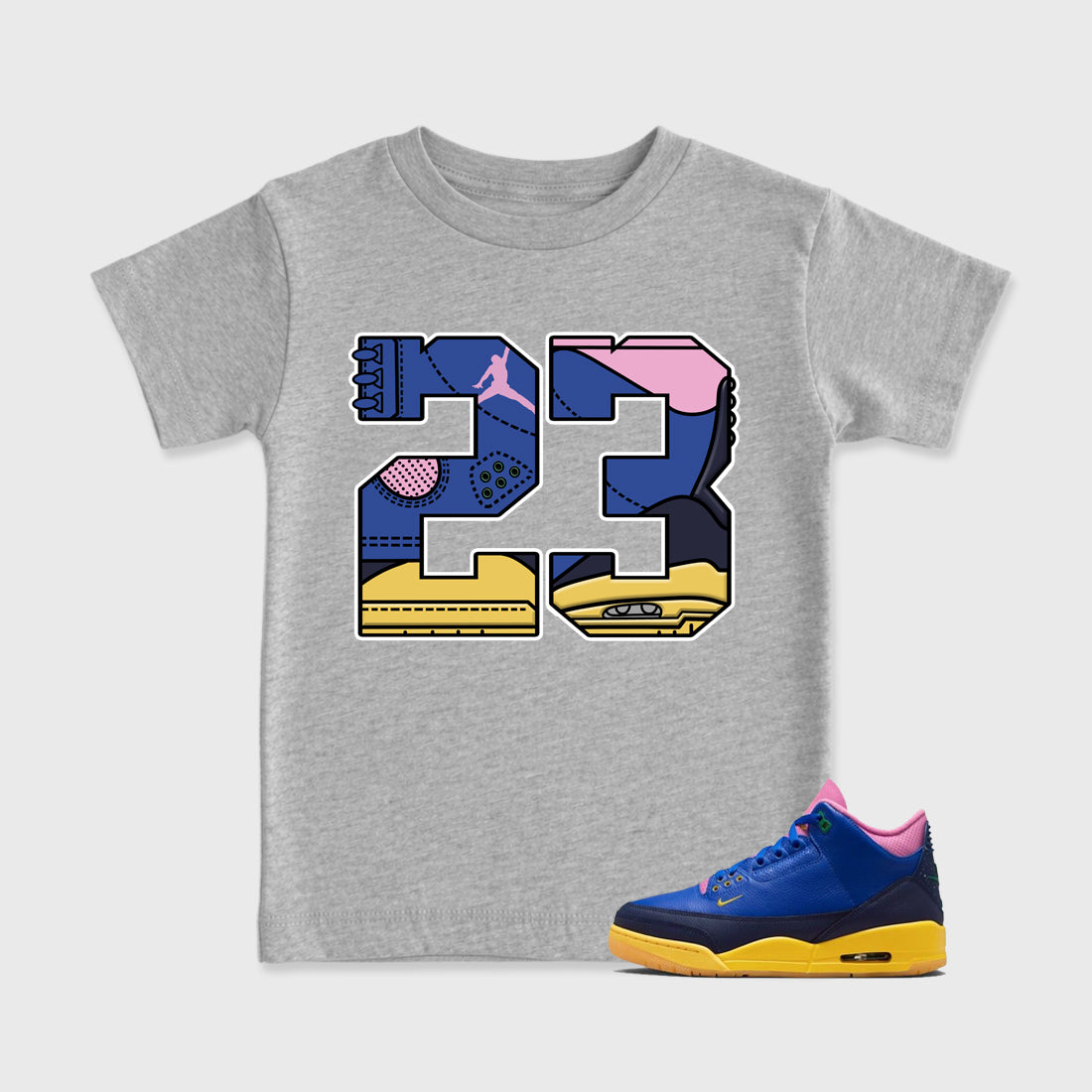 23 affordable baby and kids t-shirt designed to match the Air Jordan 3 Brazil, featuring coordinated Heather Grey 1 options for the perfect little sneakerhead streetwear look.