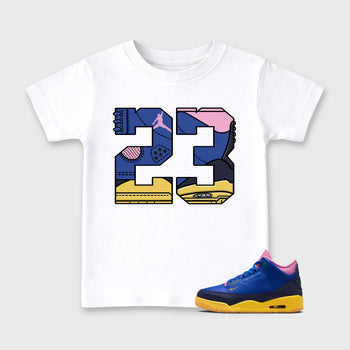 23 affordable baby and kids t-shirt designed to match the Air Jordan 3 Brazil, featuring coordinated White 1 options for the perfect little sneakerhead streetwear look.