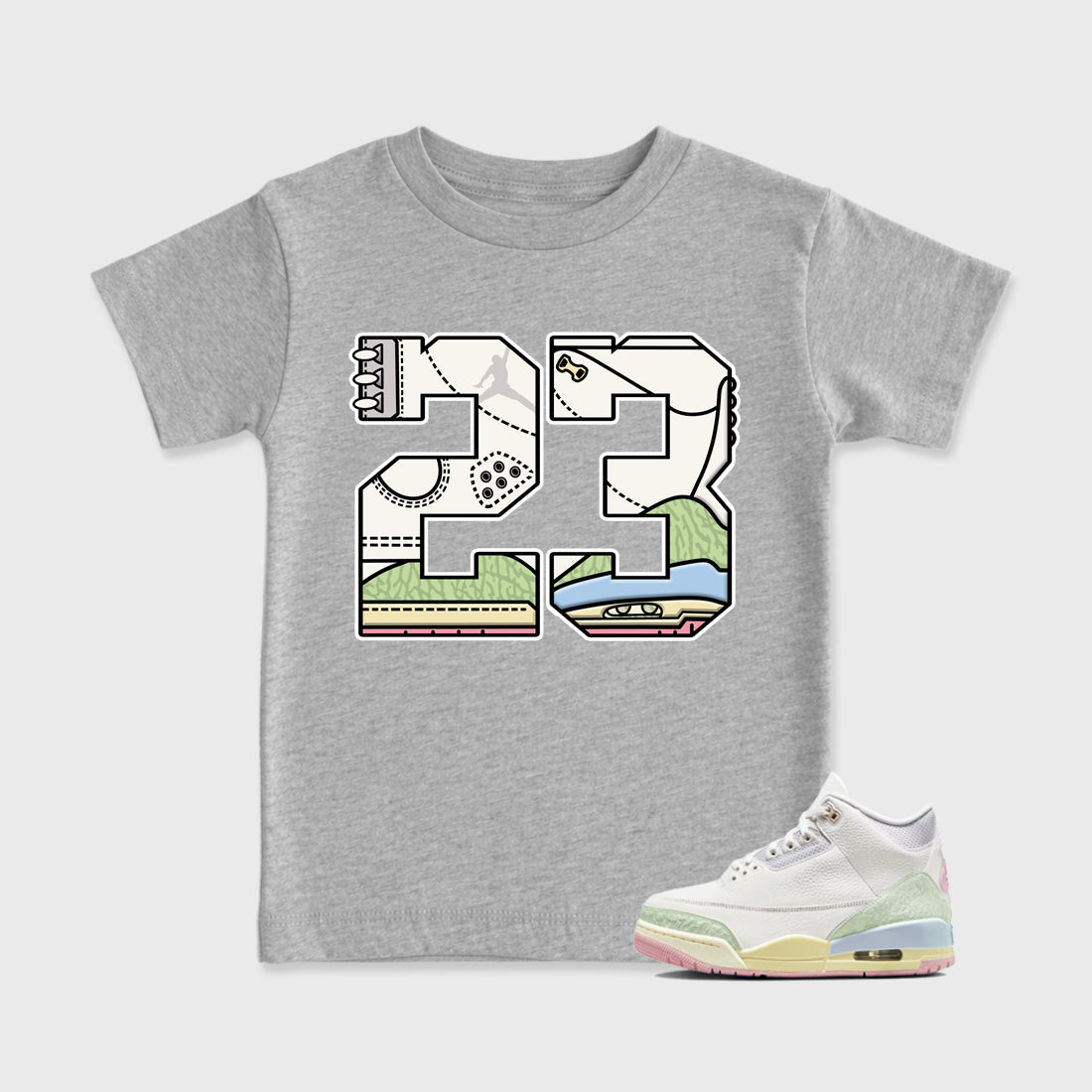 Sneaker match tees – Sneaker Tees To Match Air Jordan 3 Jade Aura Shoes – 23 Kids T-Shirt Heather Grey 1