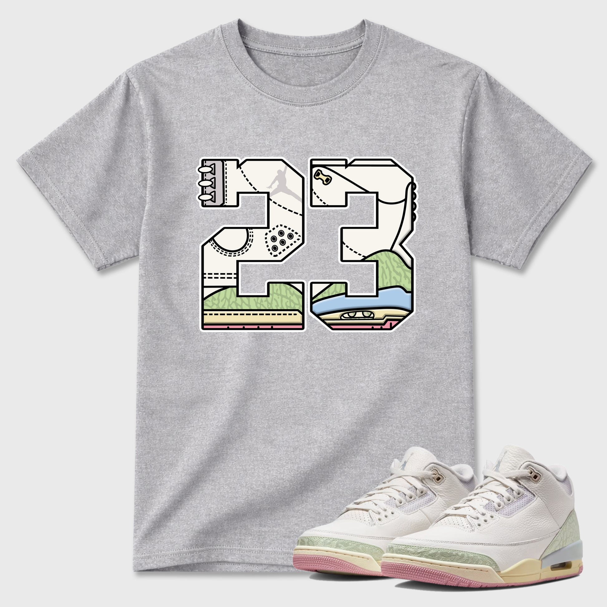 Sneaker match tees – Sneaker Tees To Match Air Jordan 3 Jade Aura Shoes – 23 Tee Heather Grey 1