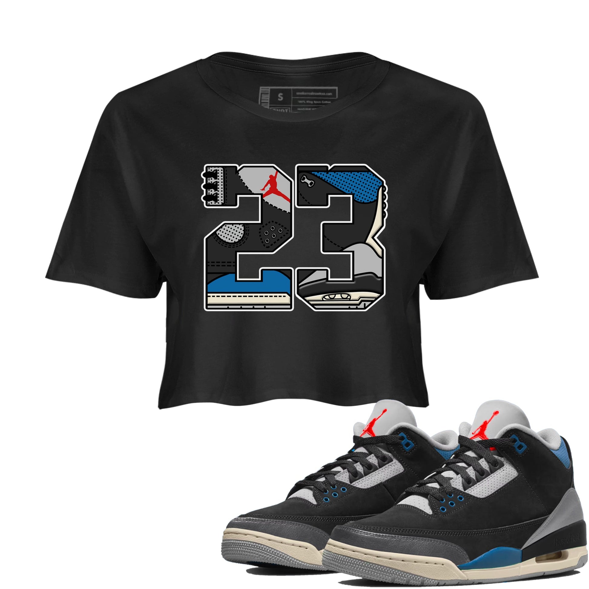 23 womens crop tee made to vibe with the Air Jordan 3 Rare Air sneakers — the perfect match in Black 1.