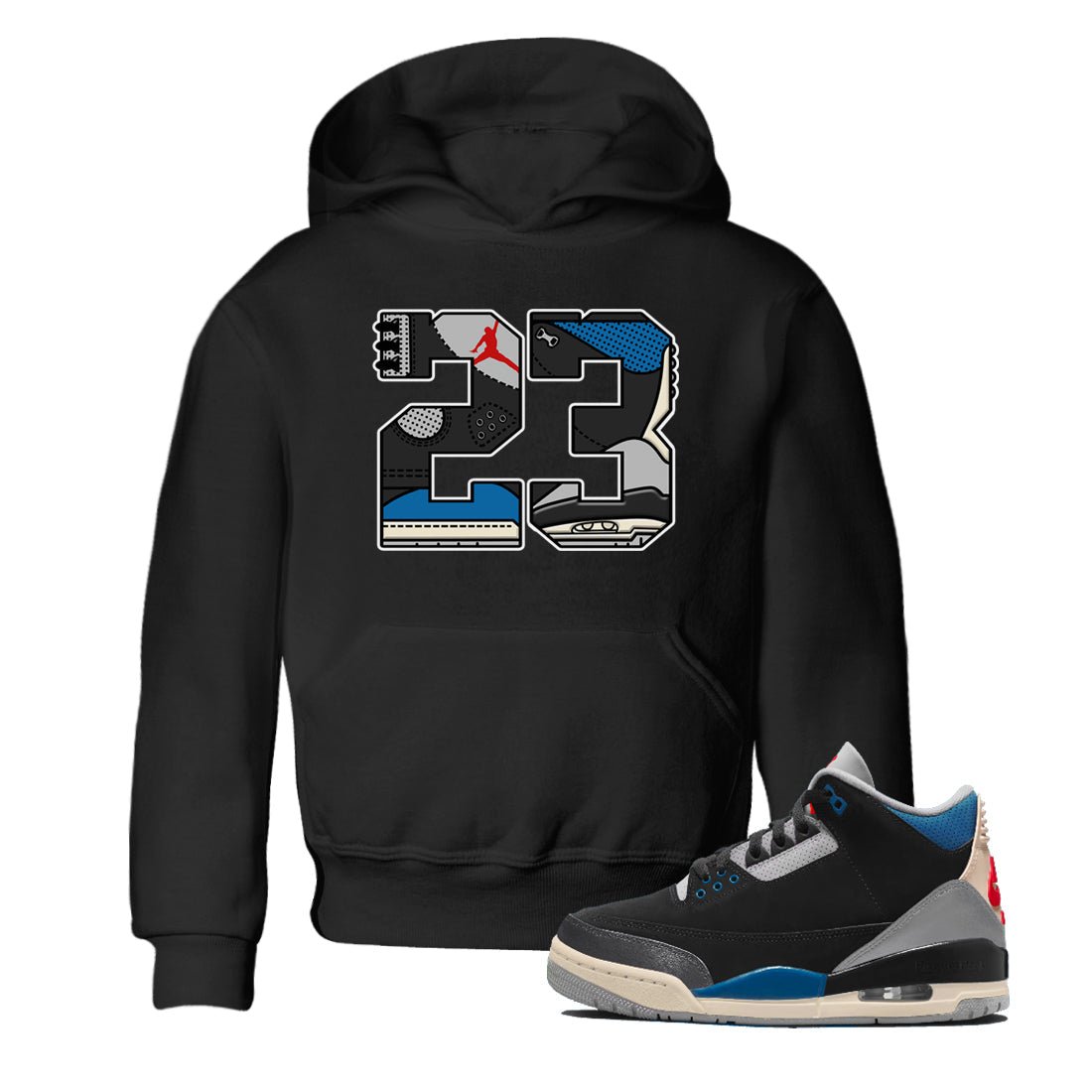 23 baby and kids t-shirt crafted for little sneakerheads to shine with the Air Jordan 3 Rare Air sneakers, displayed in Black 1.