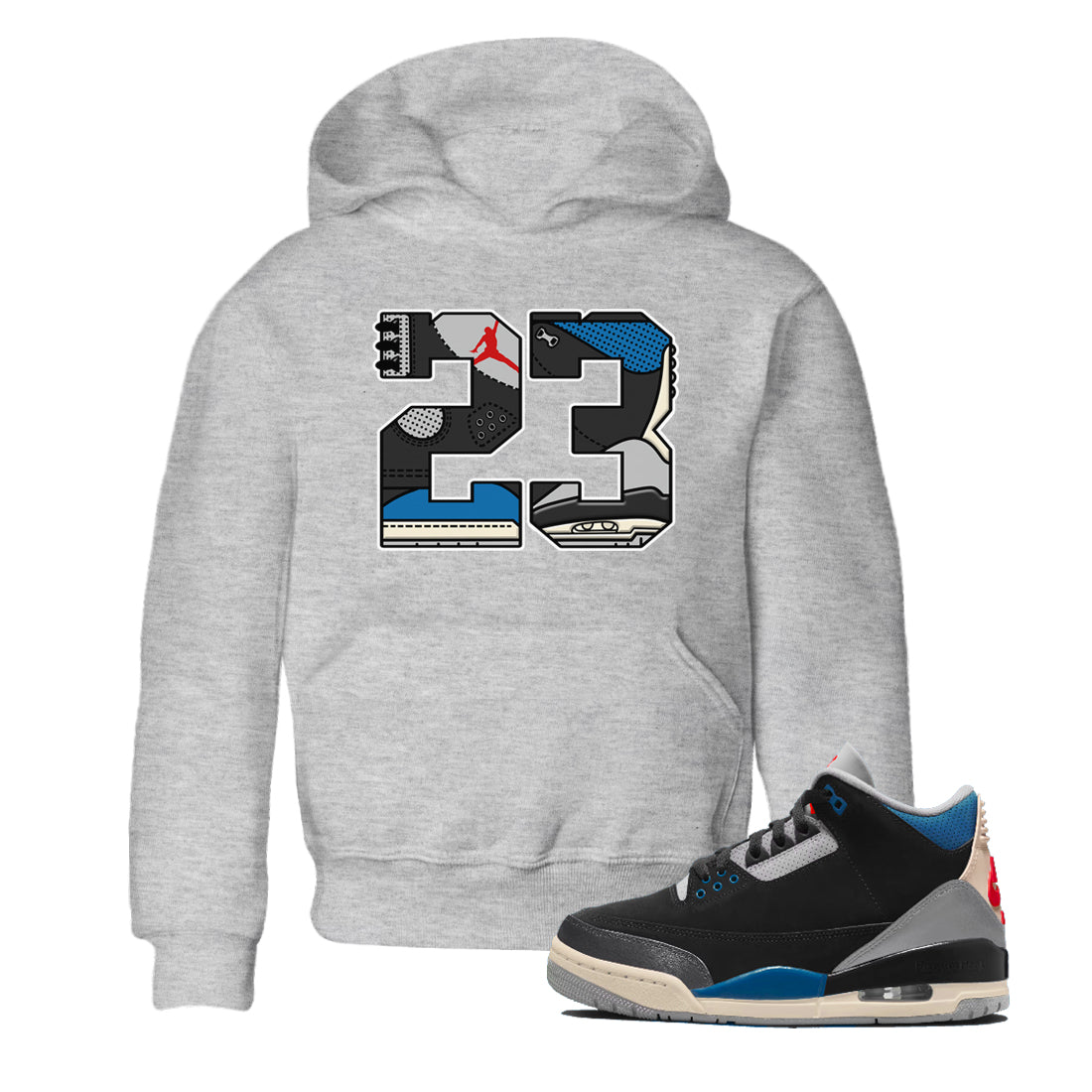 23 baby and kids t-shirt crafted for little sneakerheads to shine with the Air Jordan 3 Rare Air sneakers, displayed in Heather Grey 1.