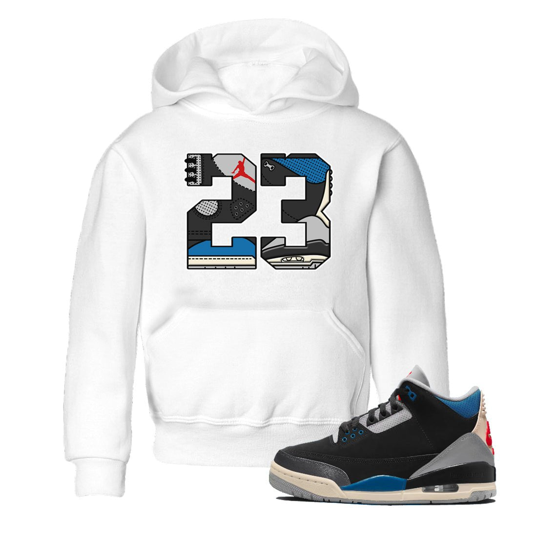 23 baby and kids t-shirt crafted for little sneakerheads to shine with the Air Jordan 3 Rare Air sneakers, displayed in White 1.