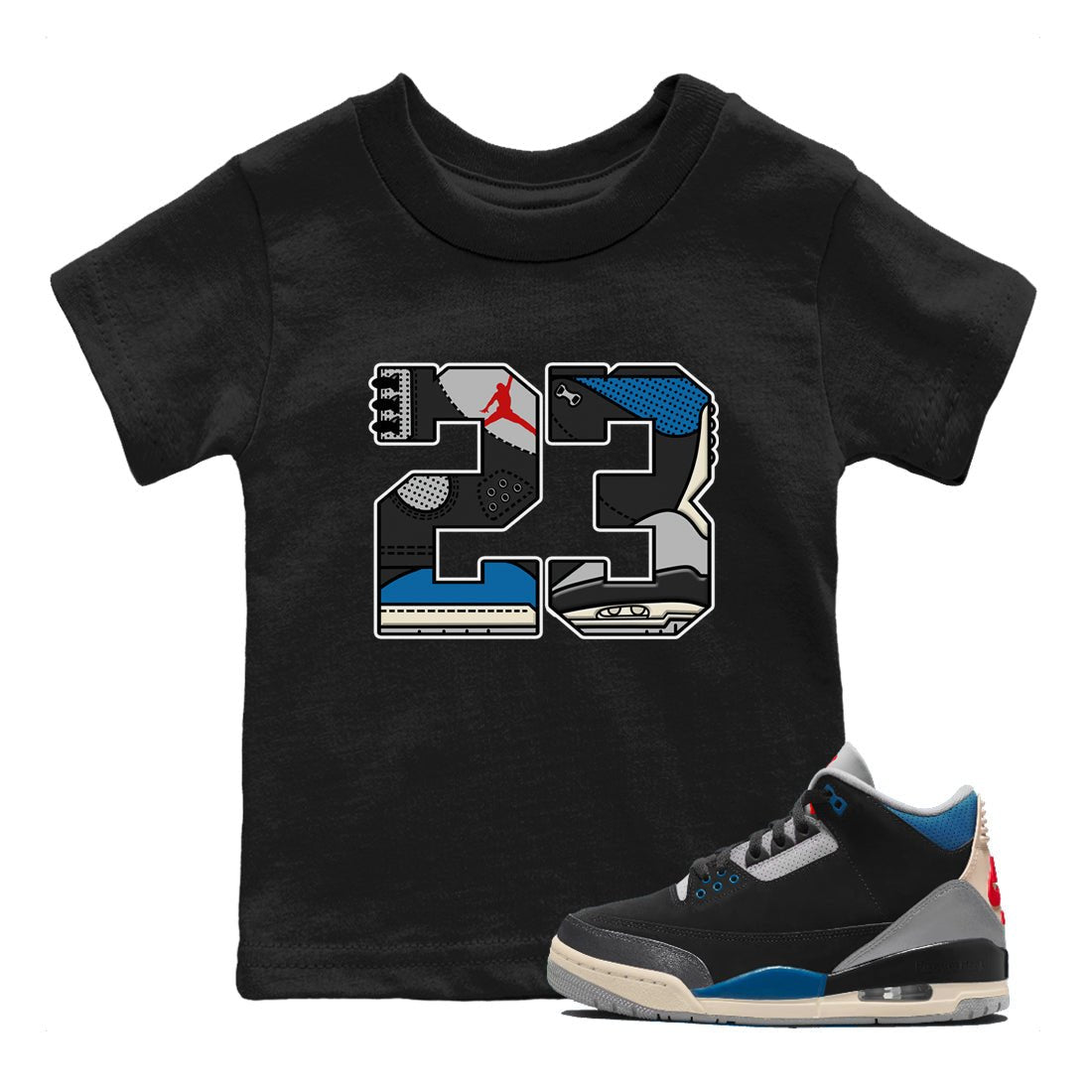 23 baby and kids t-shirt crafted for little sneakerheads to shine with the Air Jordan 3 Rare Air sneakers, displayed in Black 1.