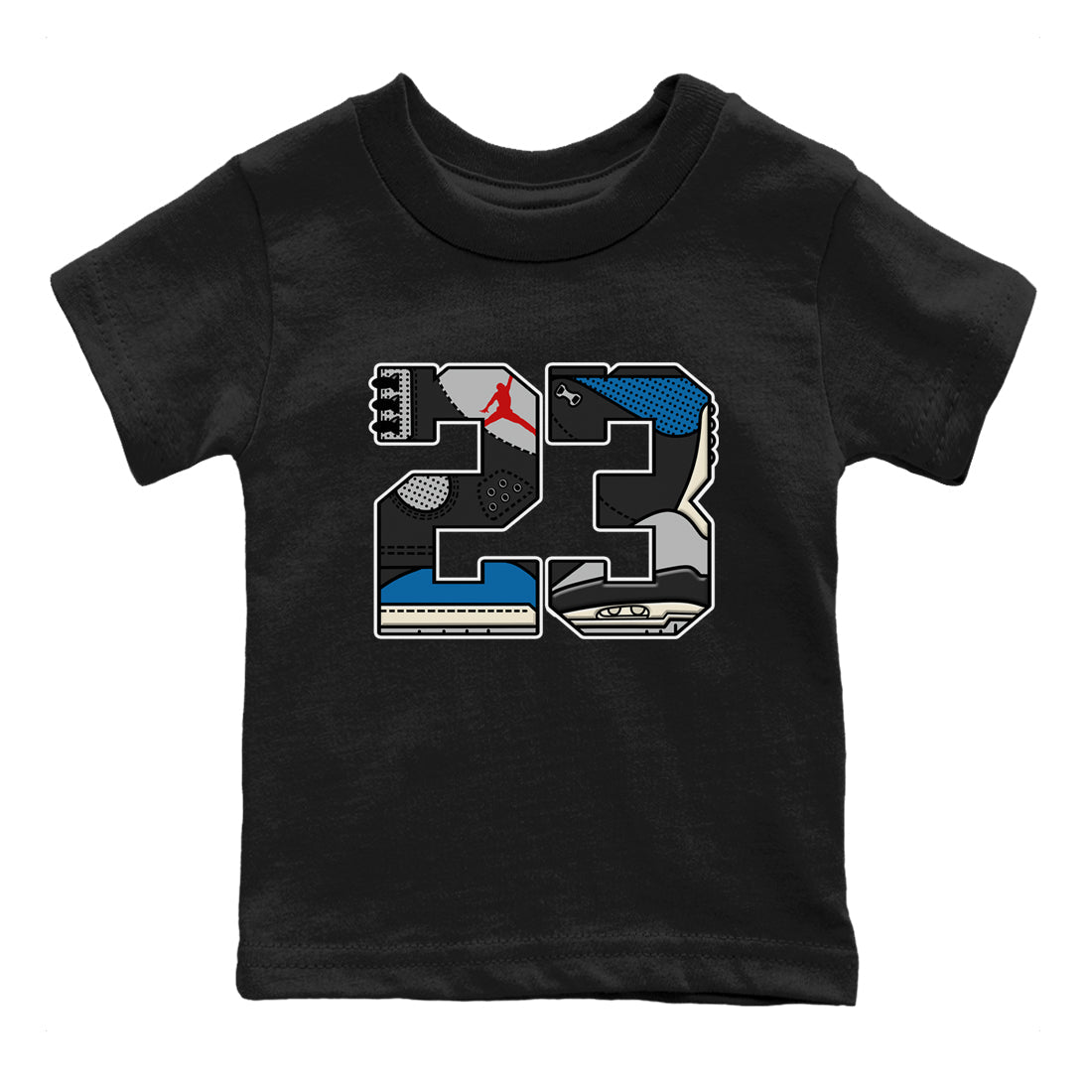 23 baby and kids t-shirt crafted for little sneakerheads to shine with the Air Jordan 3 Rare Air sneakers, displayed in Black 2.