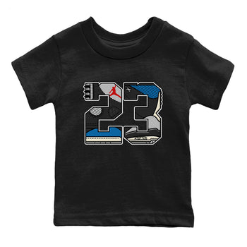 23 baby and kids t-shirt crafted for little sneakerheads to shine with the Air Jordan 3 Rare Air sneakers, displayed in Black 2.