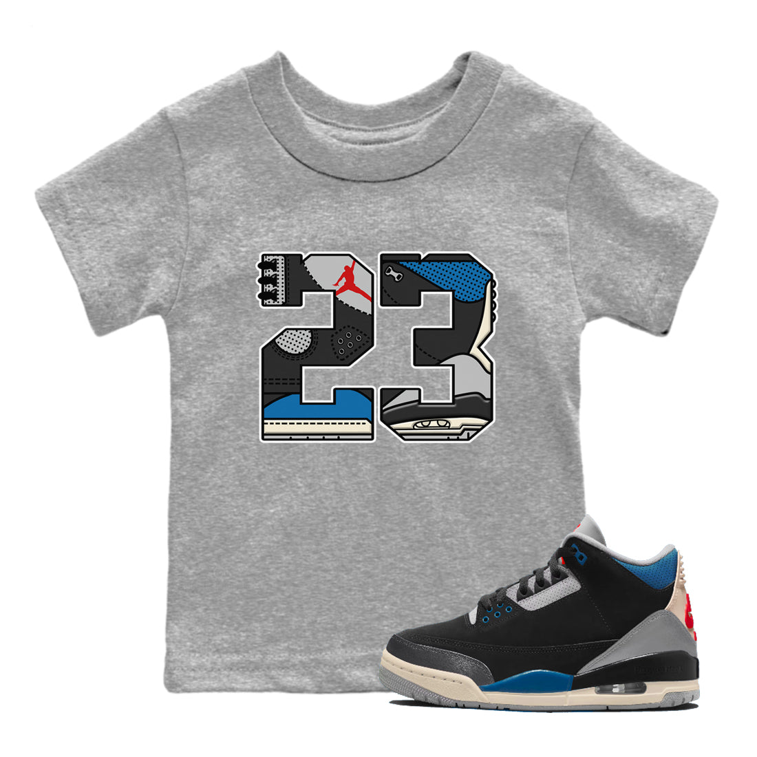 23 baby and kids t-shirt crafted for little sneakerheads to shine with the Air Jordan 3 Rare Air sneakers, displayed in Heather Grey 1.