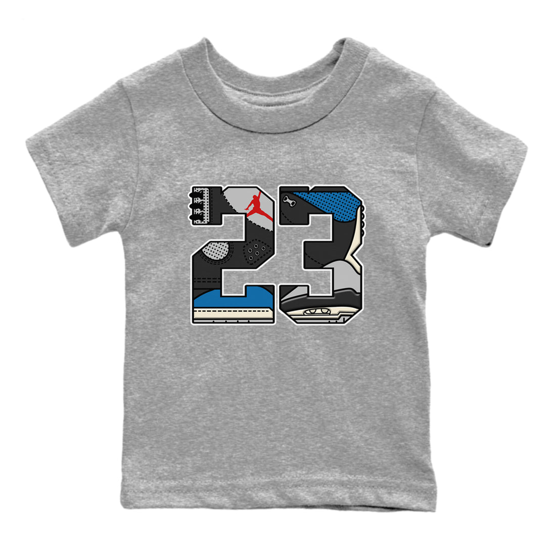 23 baby and kids t-shirt crafted for little sneakerheads to shine with the Air Jordan 3 Rare Air sneakers, displayed in Heather Grey 2.