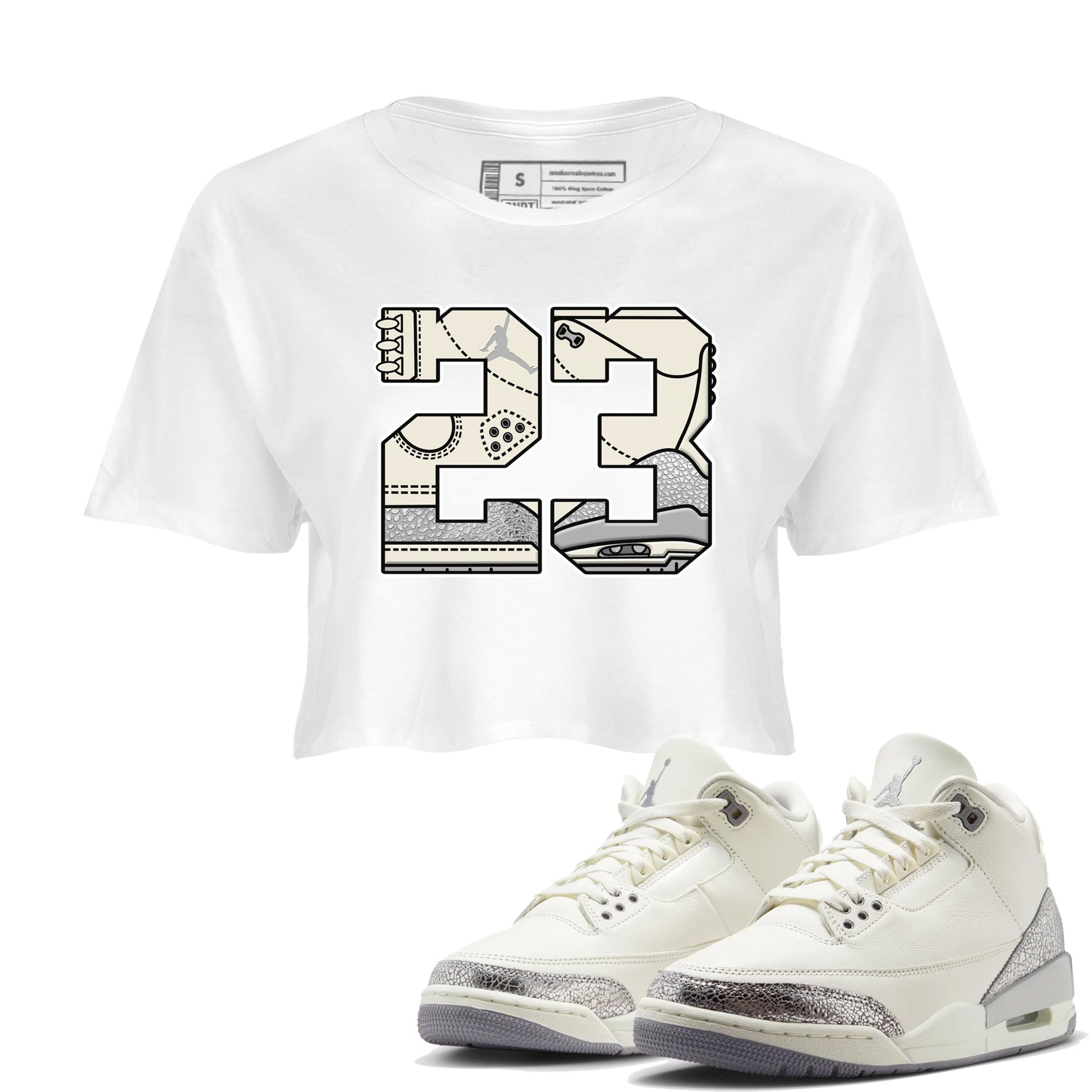 3s Sail and Cement Grey shirts to match jordans 23 sneaker match tees Air Jordan 3 Retro Sail and Cement Grey match shoes to clothes SNRT Sneaker Tees unisex cotton White 1 crop tee